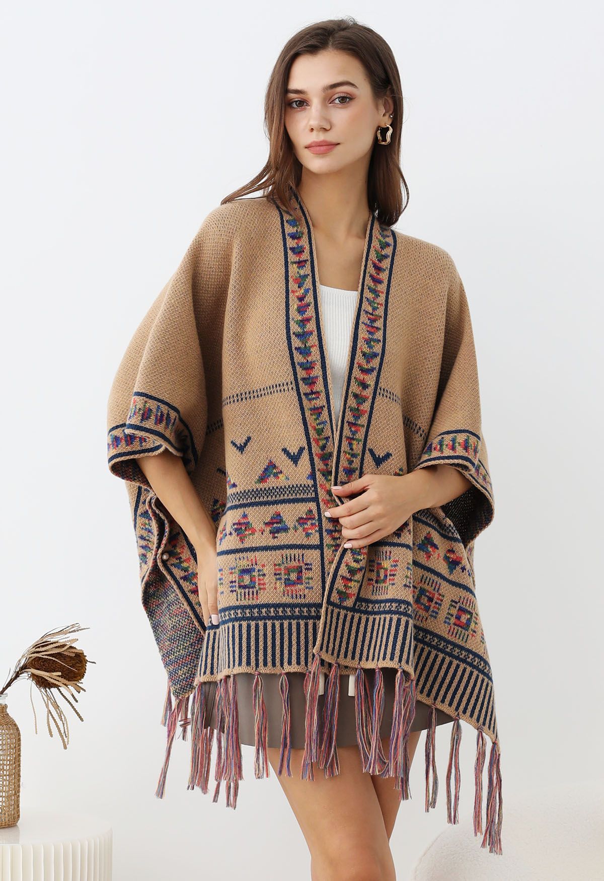 Poncho en tricot à franges Boho Wanderer en camel