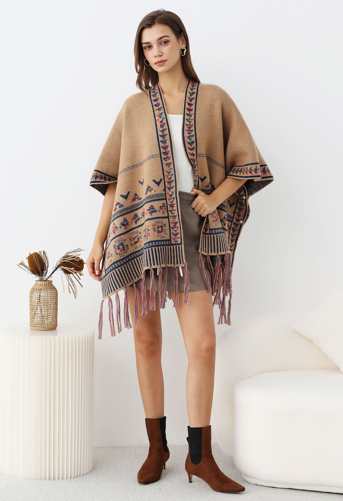 Poncho en tricot à franges Boho Wanderer en camel