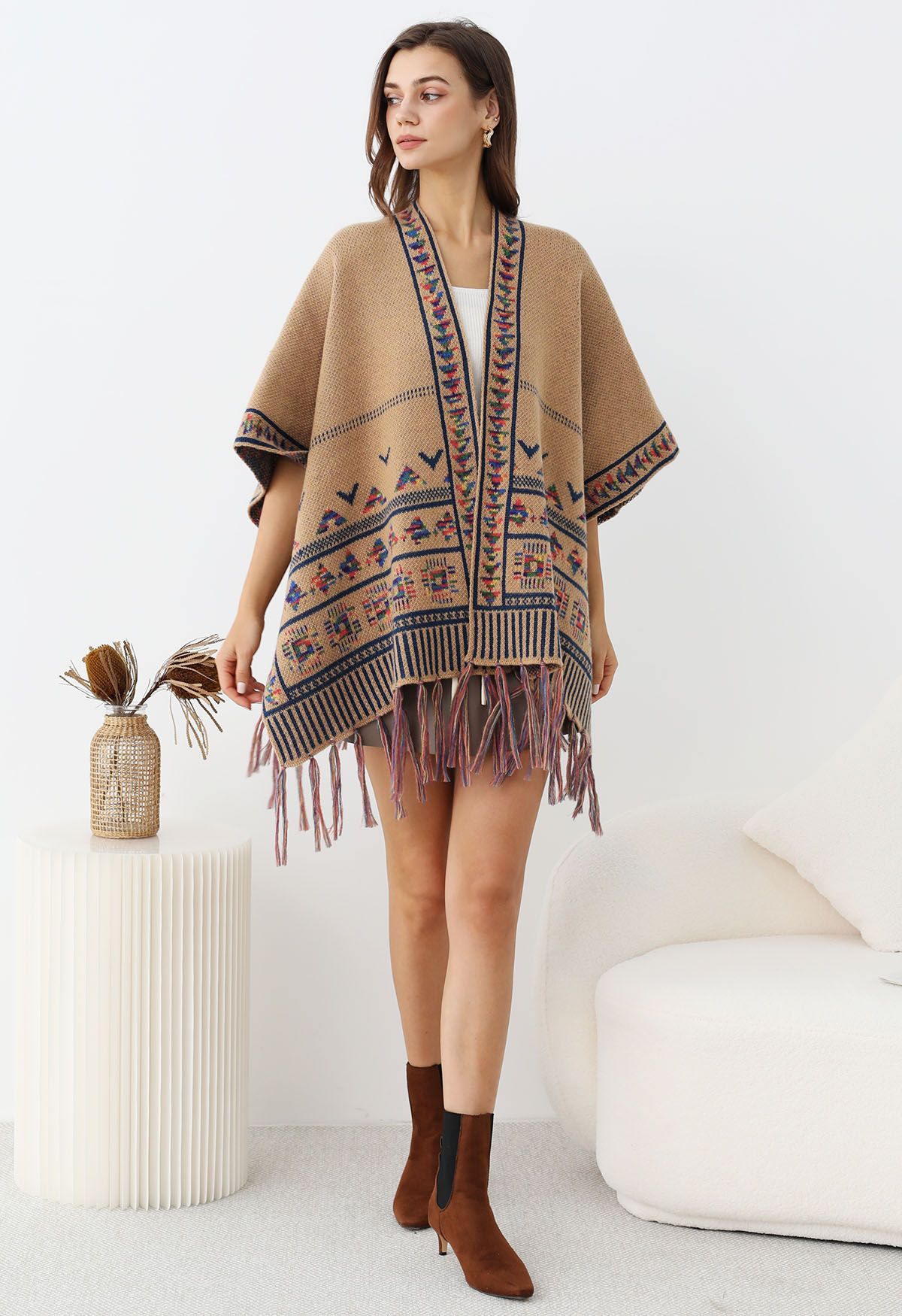 Poncho en tricot à franges Boho Wanderer en camel