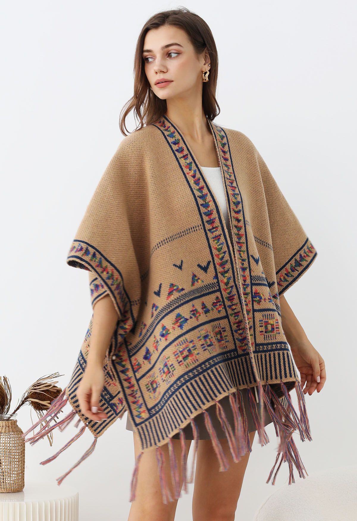 Poncho en tricot à franges Boho Wanderer en camel