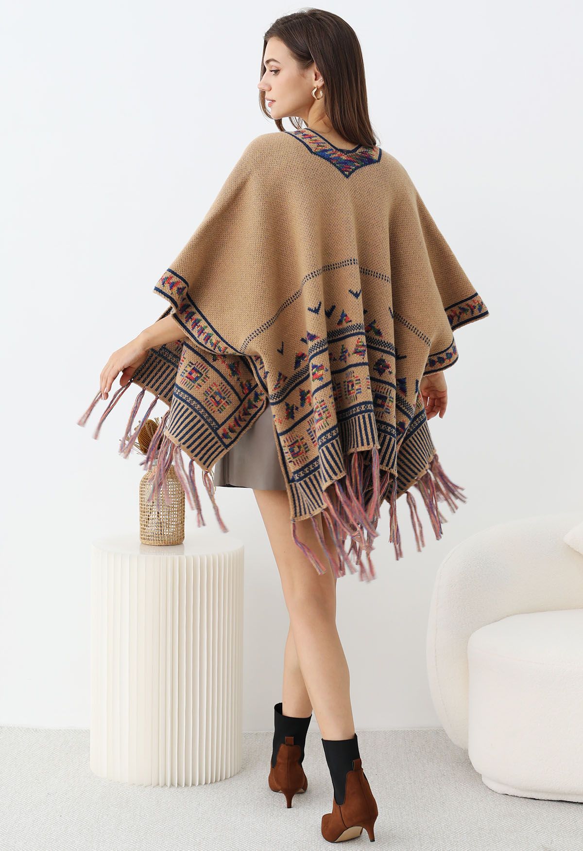 Poncho en tricot à franges Boho Wanderer en camel