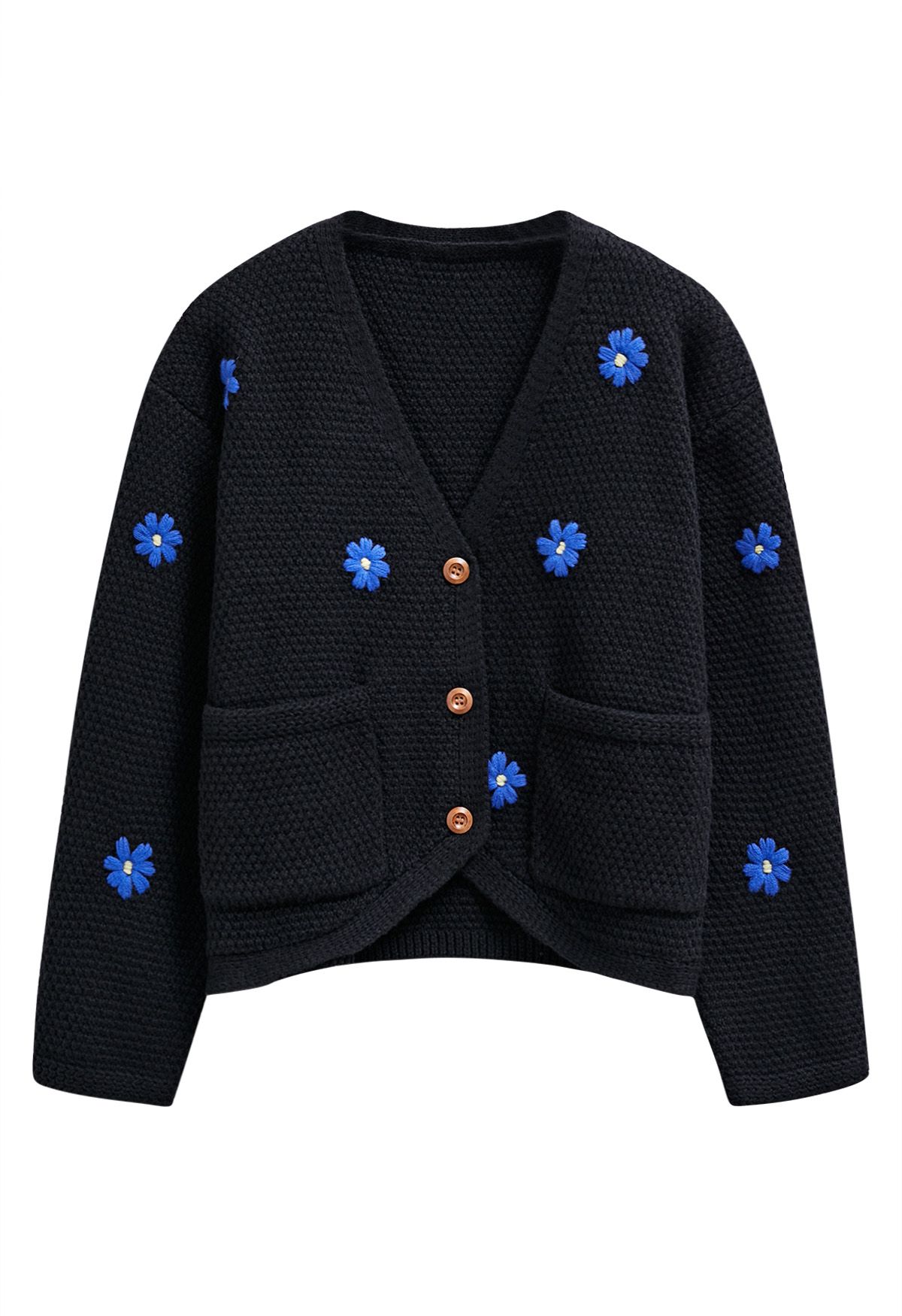 Cardigan en tricot gaufré à motif fleuri et point attachant en noir