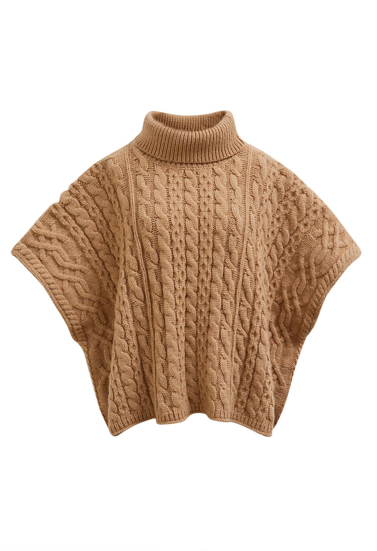 Pull cape en maille torsadée à col roulé Warmth en camel