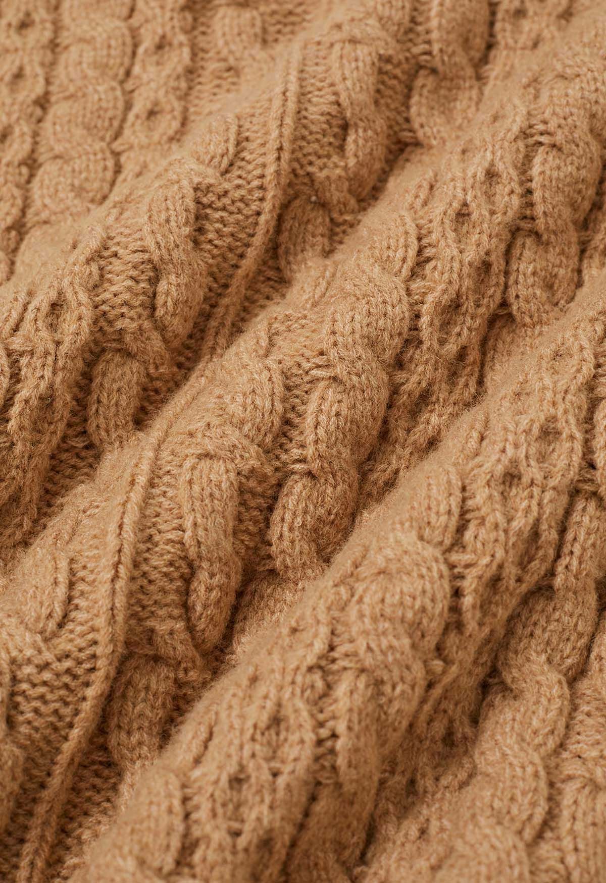 Pull cape en maille torsadée à col roulé Warmth en camel