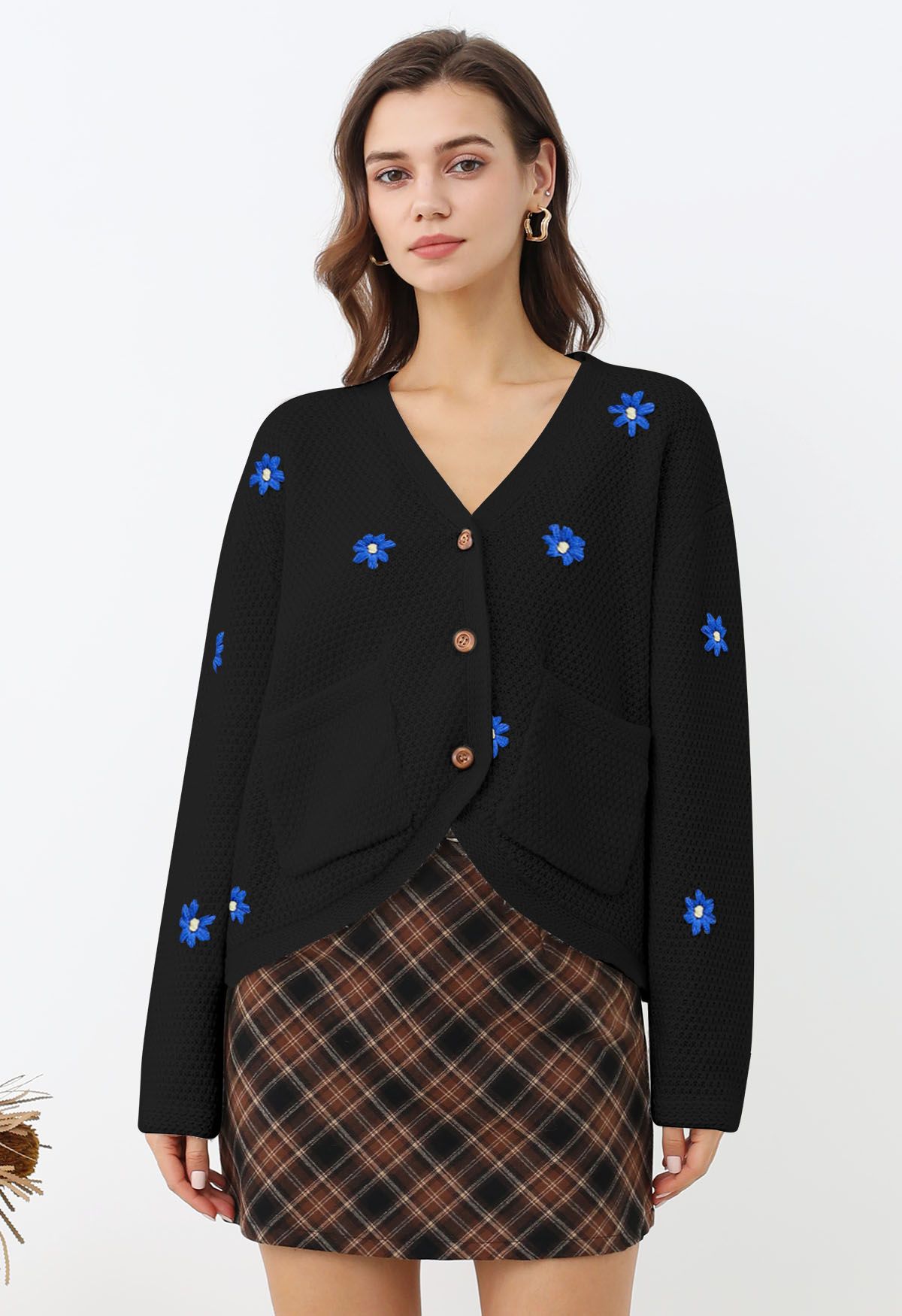 Cardigan en tricot gaufré à motif fleuri et point attachant en noir