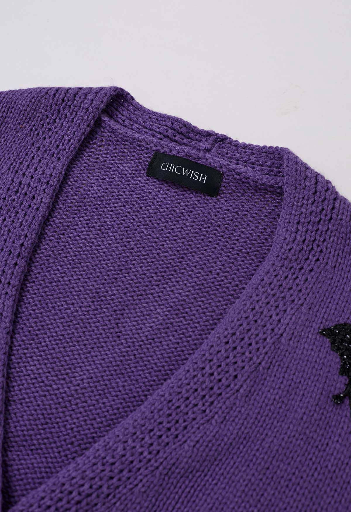 Cardigan boutonné en tricot avec patch Mystic Bats en violet