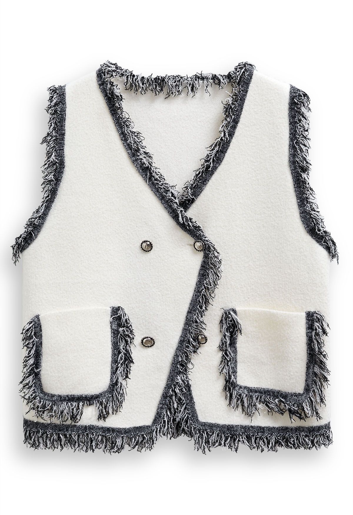 Gilet en tricot à double boutonnage avec bordure à franges en blanc