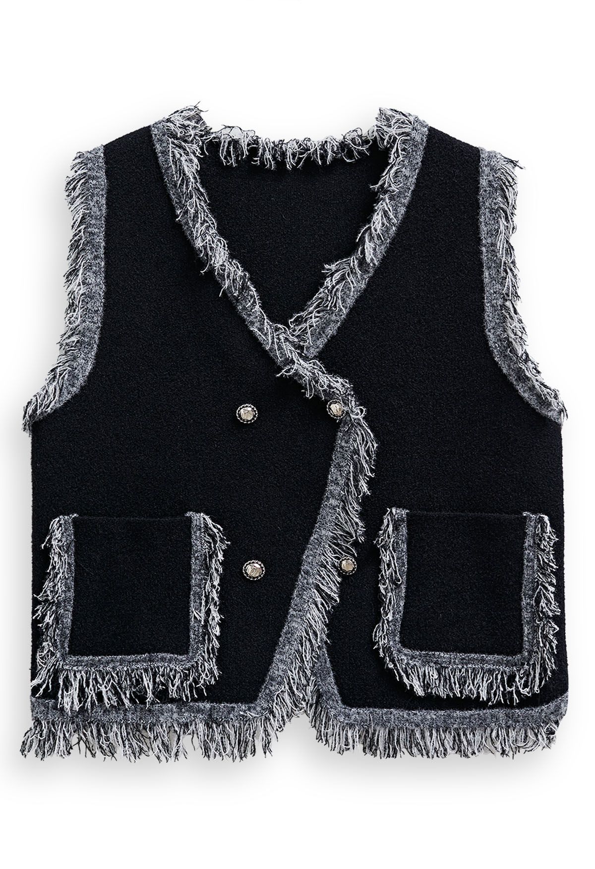 Gilet en tricot à double boutonnage avec bordure à franges en noir