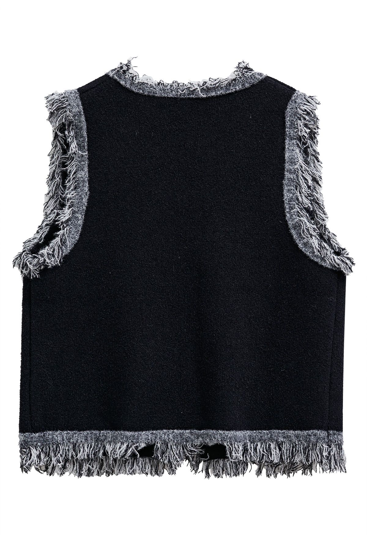 Gilet en tricot à double boutonnage avec bordure à franges en noir