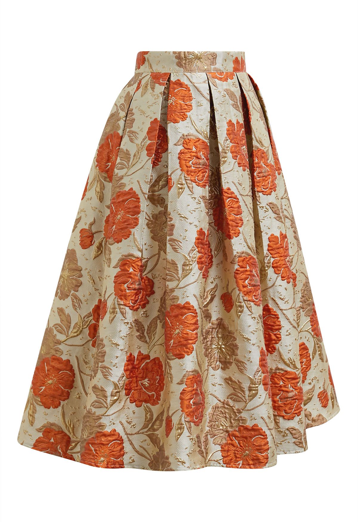 Jupe mi-longue plissée évasée en jacquard fleuri orné de motifs orange