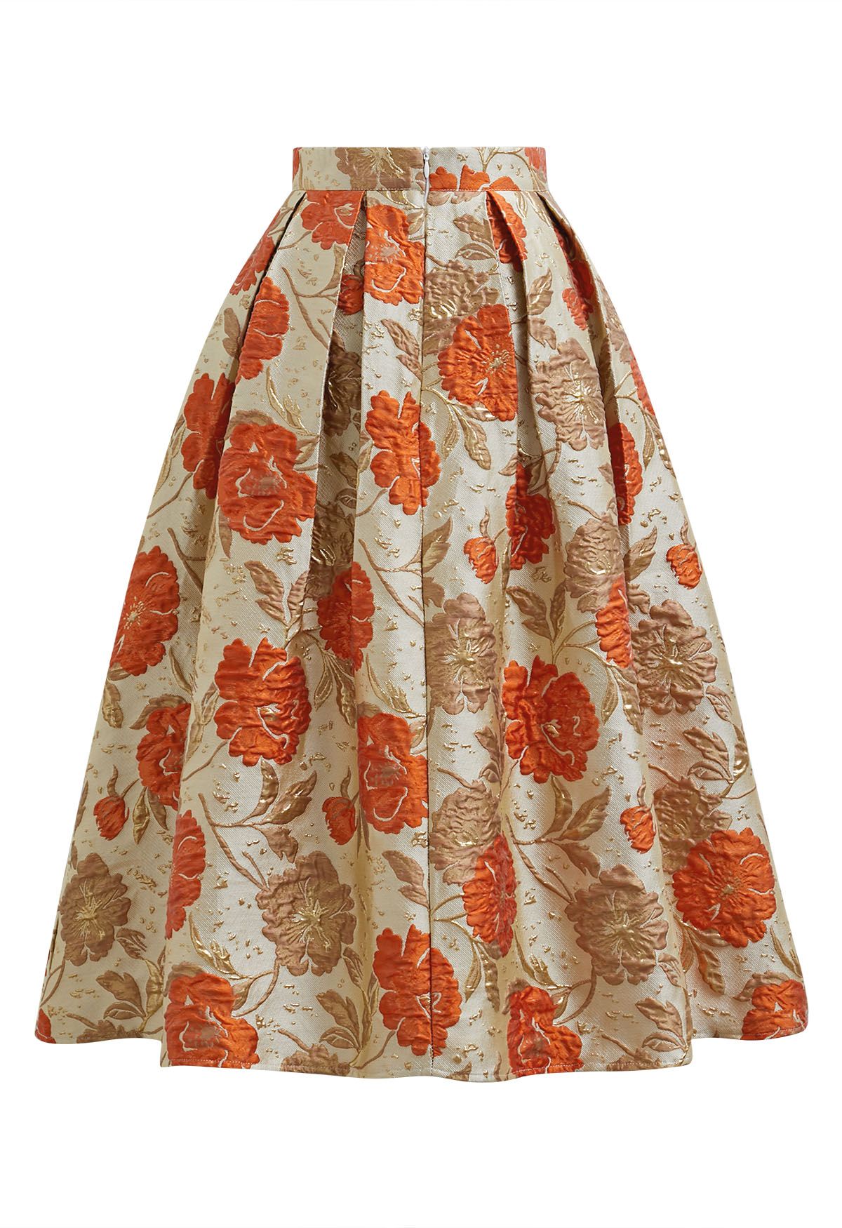 Jupe mi-longue plissée évasée en jacquard fleuri orné de motifs orange