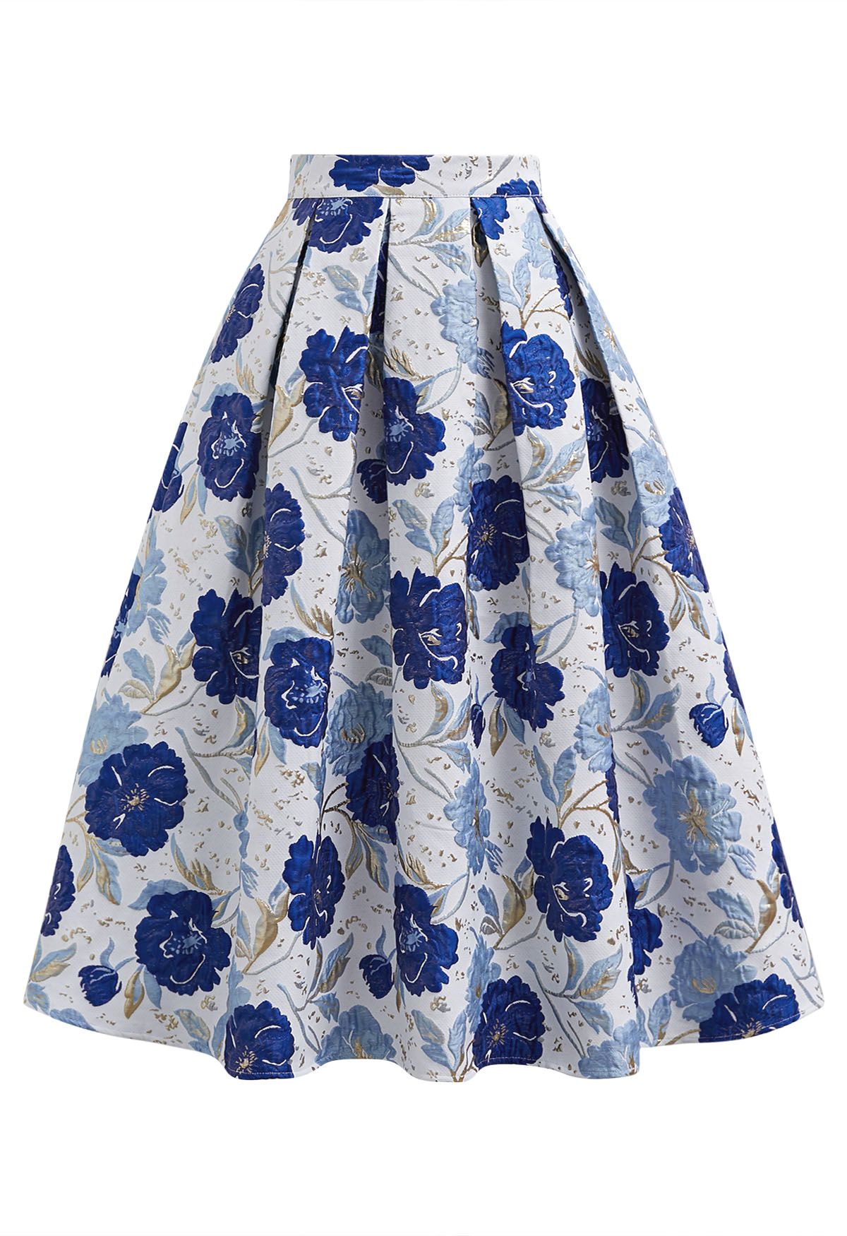 Jupe midi plissée évasée en jacquard fleuri orné de motifs indigo