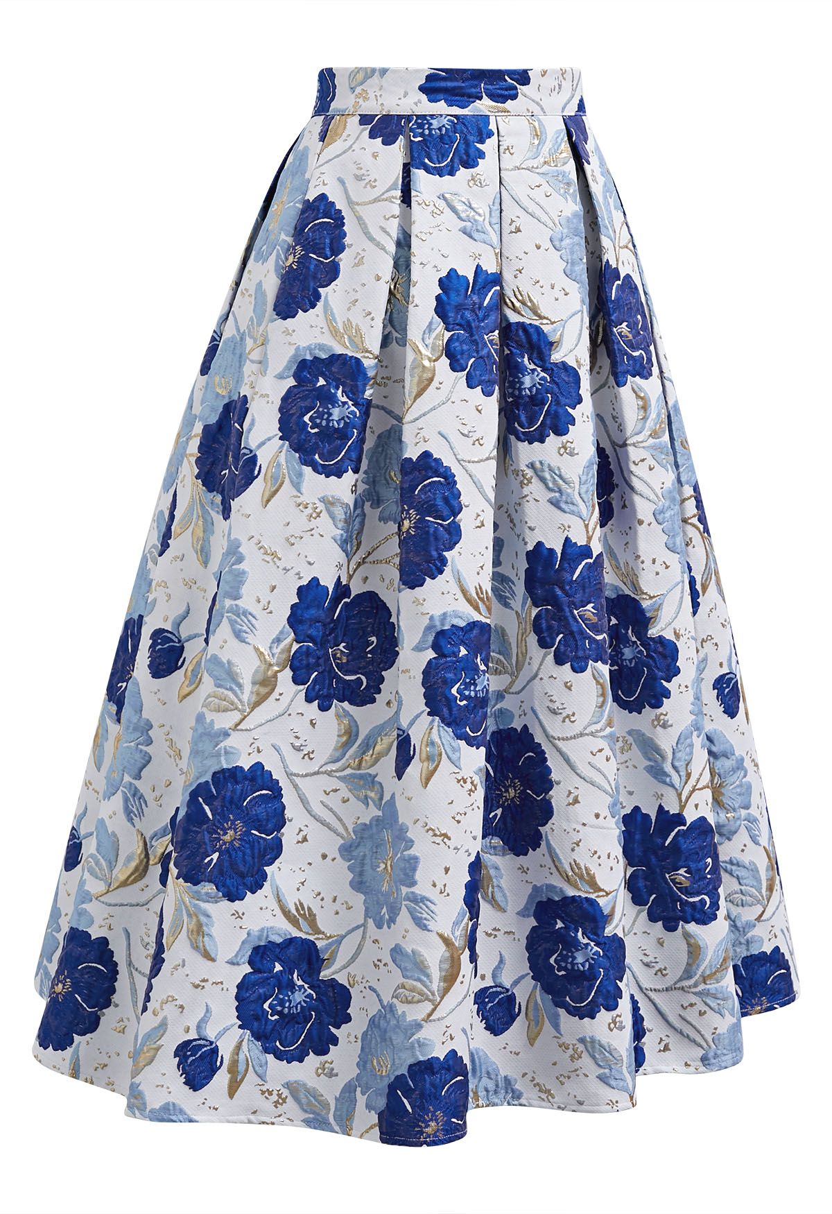 Jupe midi plissée évasée en jacquard fleuri orné de motifs indigo