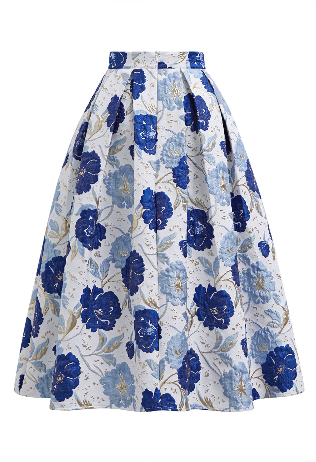 Jupe midi plissée évasée en jacquard fleuri orné de motifs indigo