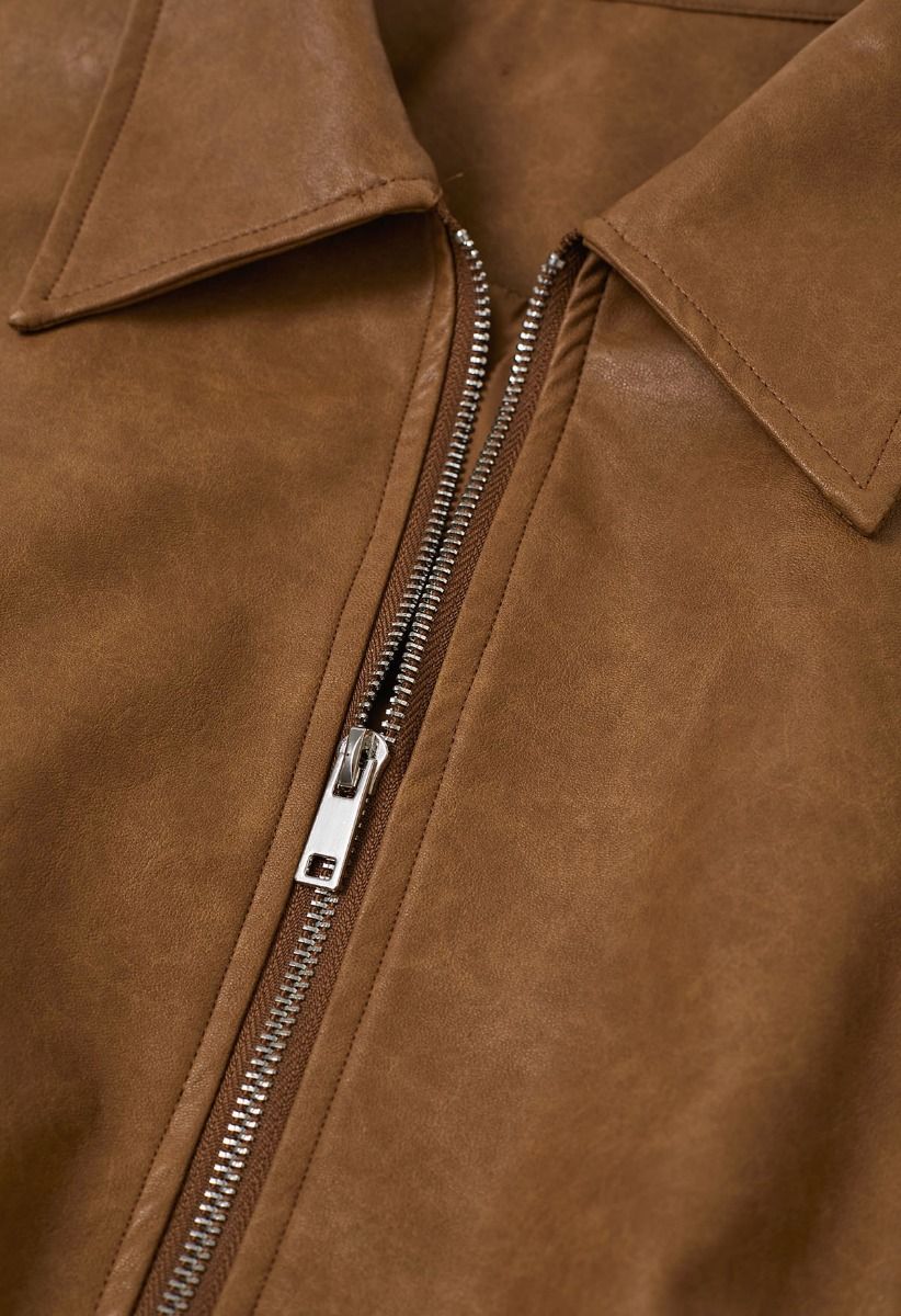 Veste zippée en similicuir à col pointu en caramel