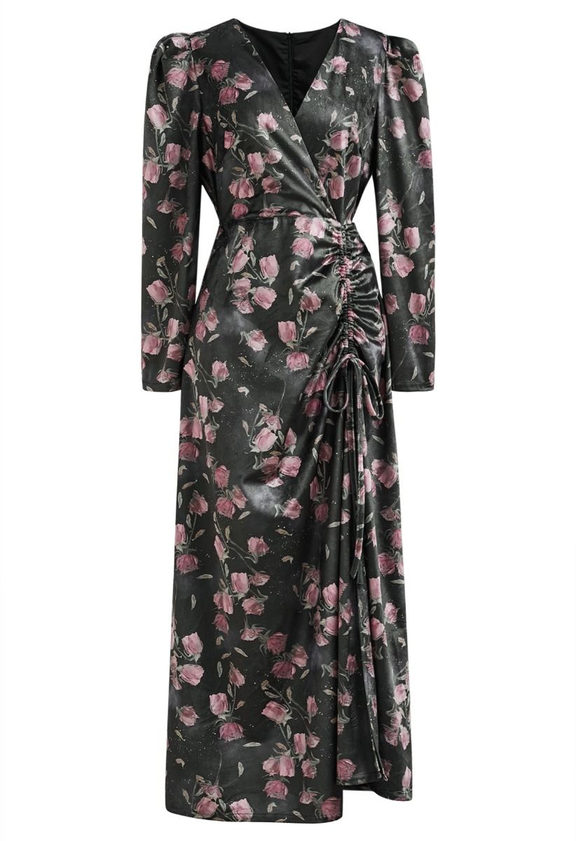 Robe longue en velours avec cordon de serrage Rosy Elegance en couleur fumée