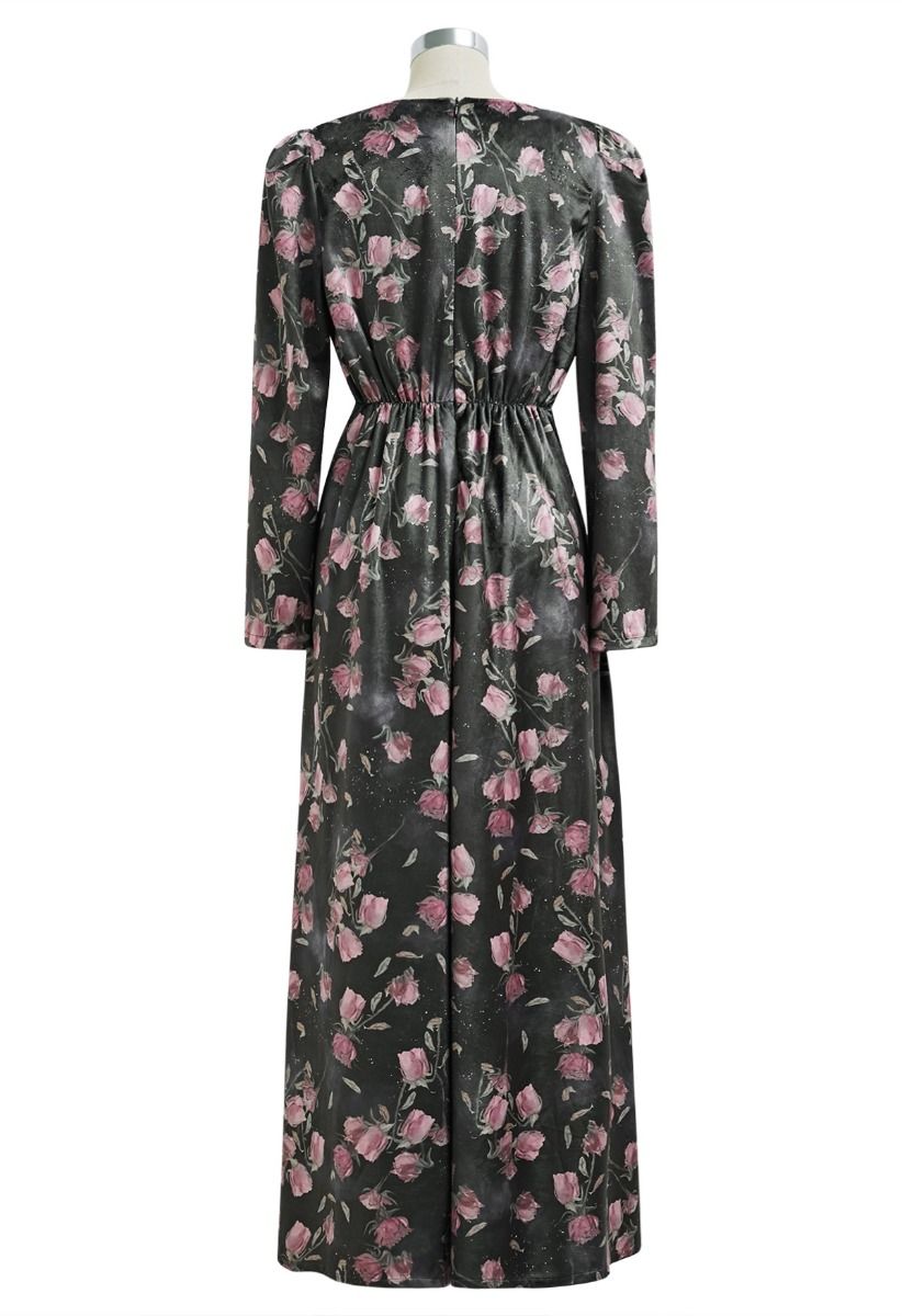 Robe longue en velours avec cordon de serrage Rosy Elegance en couleur fumée