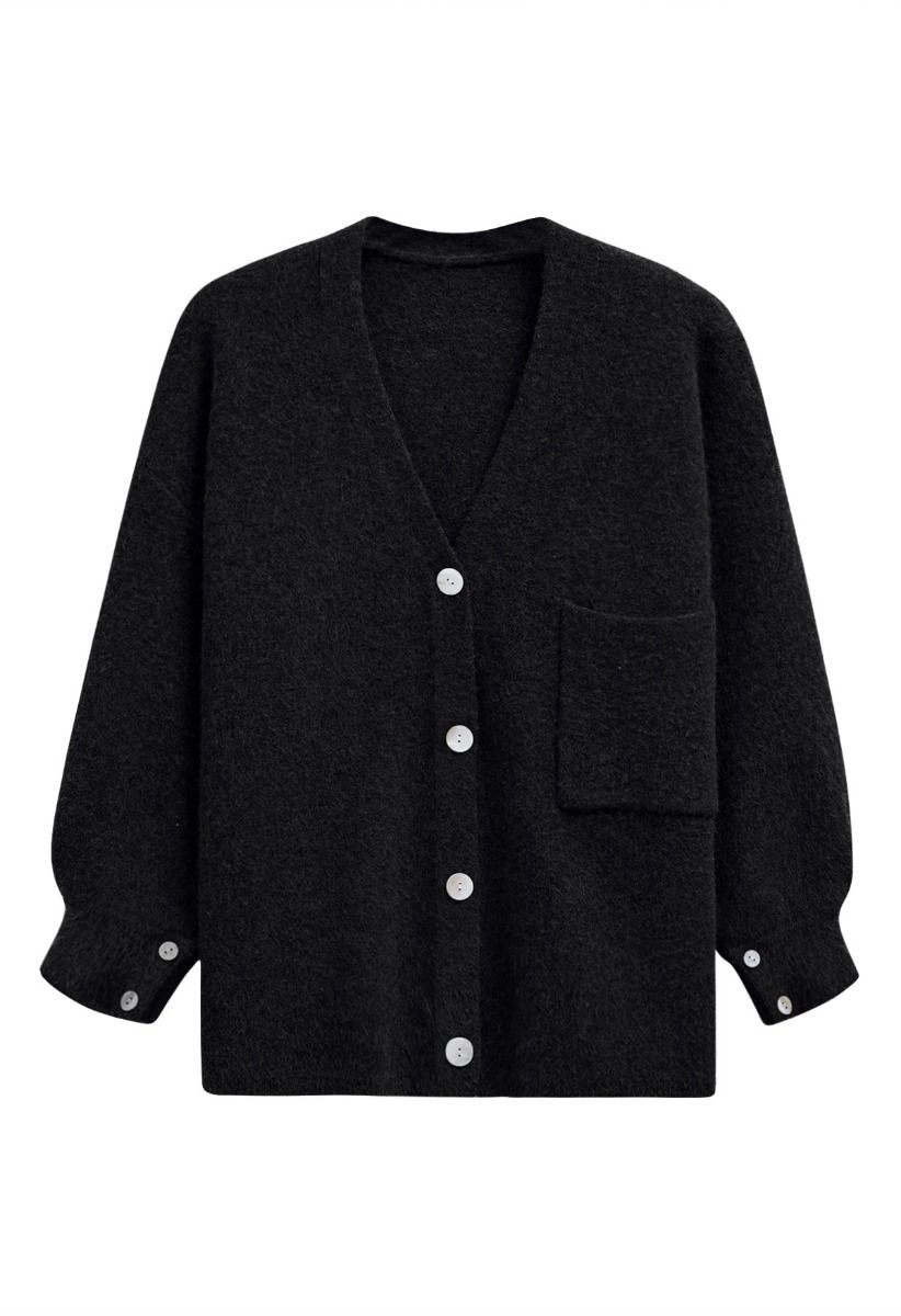 Cardigan boutonné décontracté à poches plaquées en noir