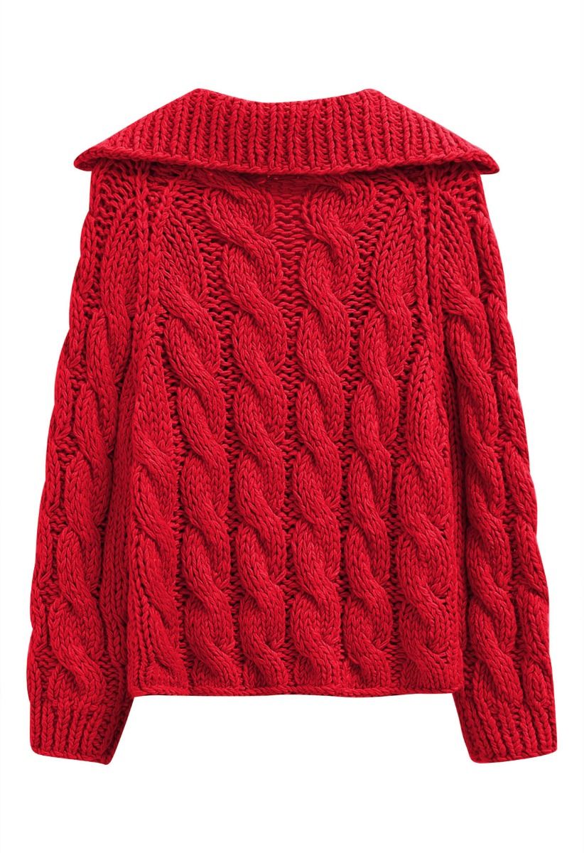 Pull en maille torsadée épaisse à col en V en rouge