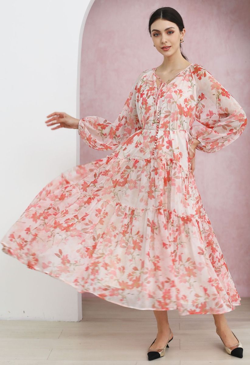 Robe mi-longue en mousseline de soie à col noué Azalea Bloom