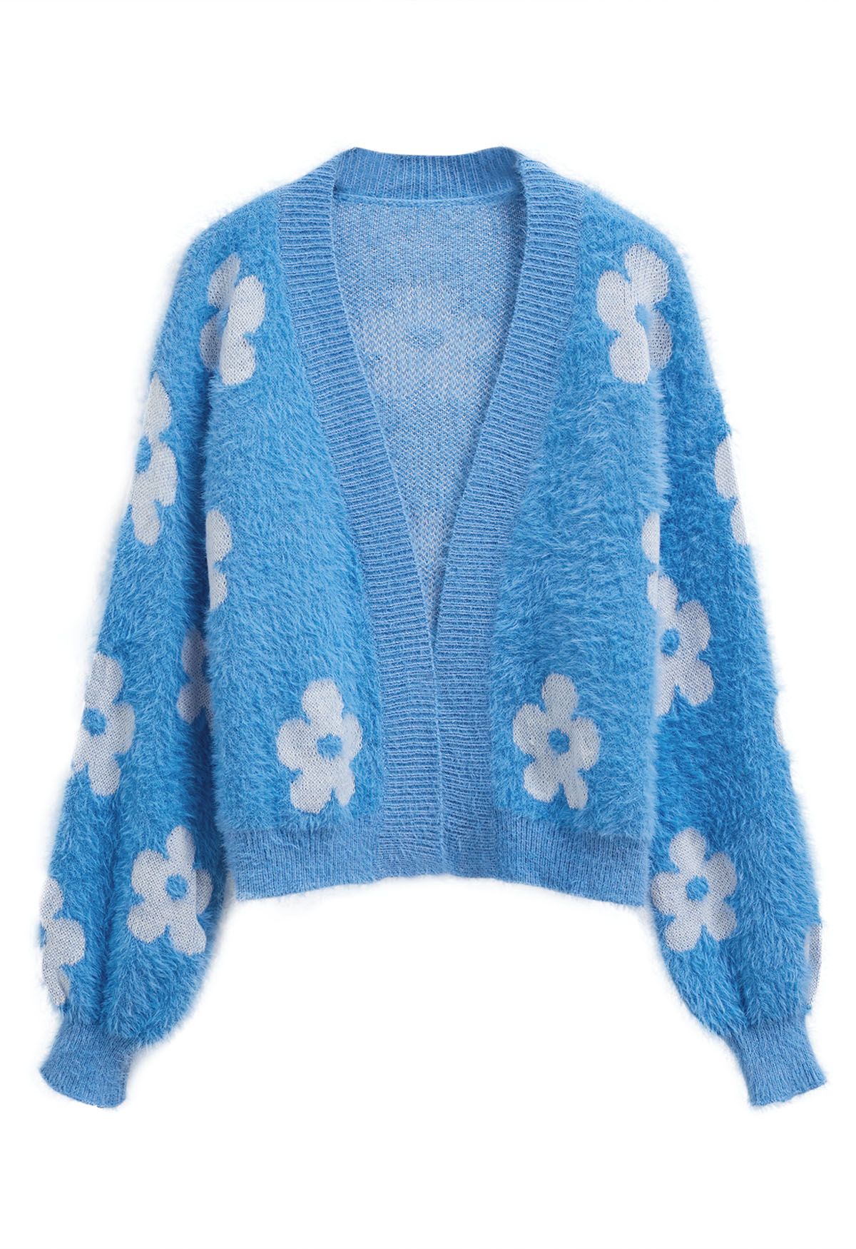 Cardigan en tricot duveteux à fleurs mignonnes en bleu