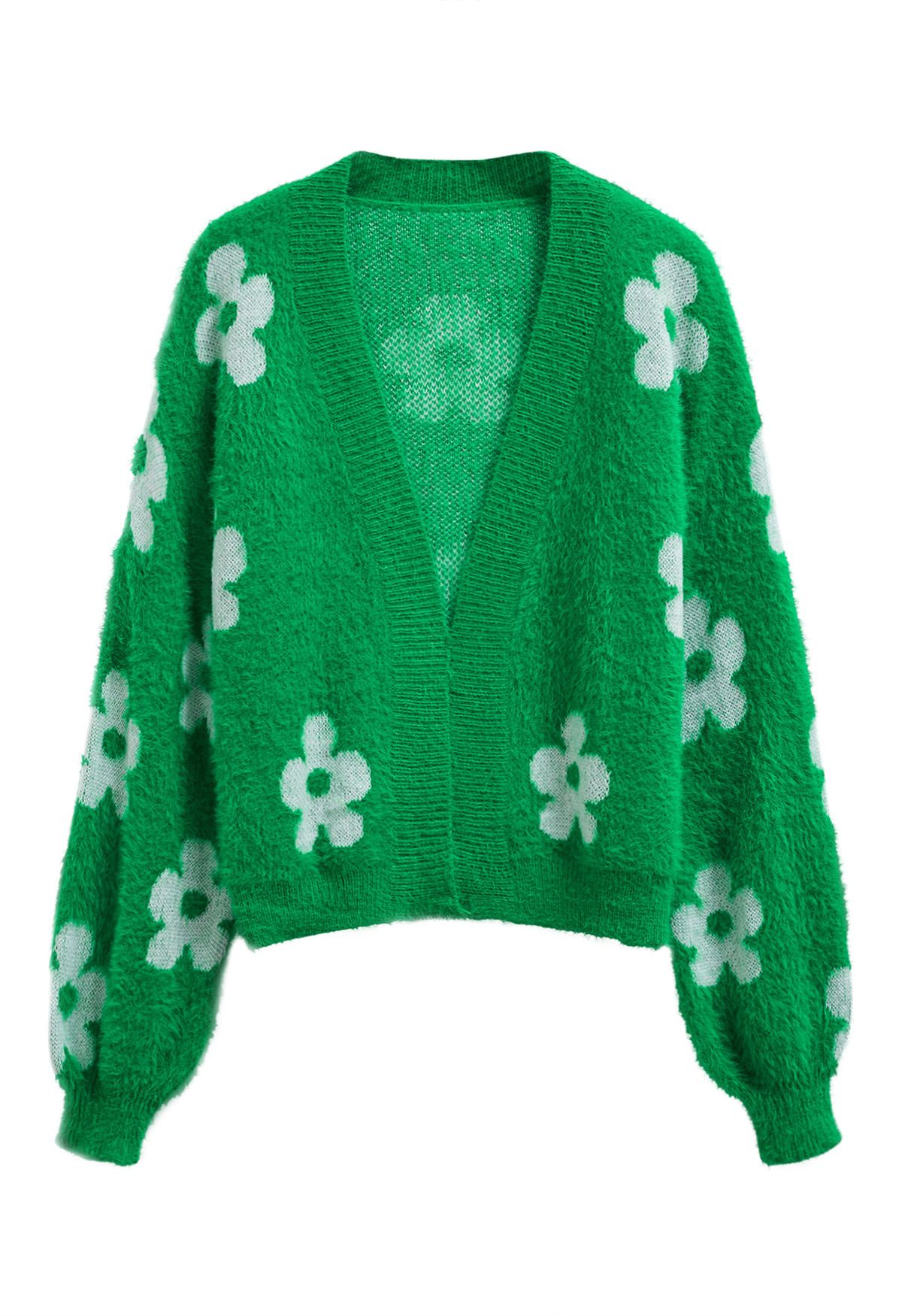 Cardigan en tricot pelucheux à fleurs mignonnes en vert