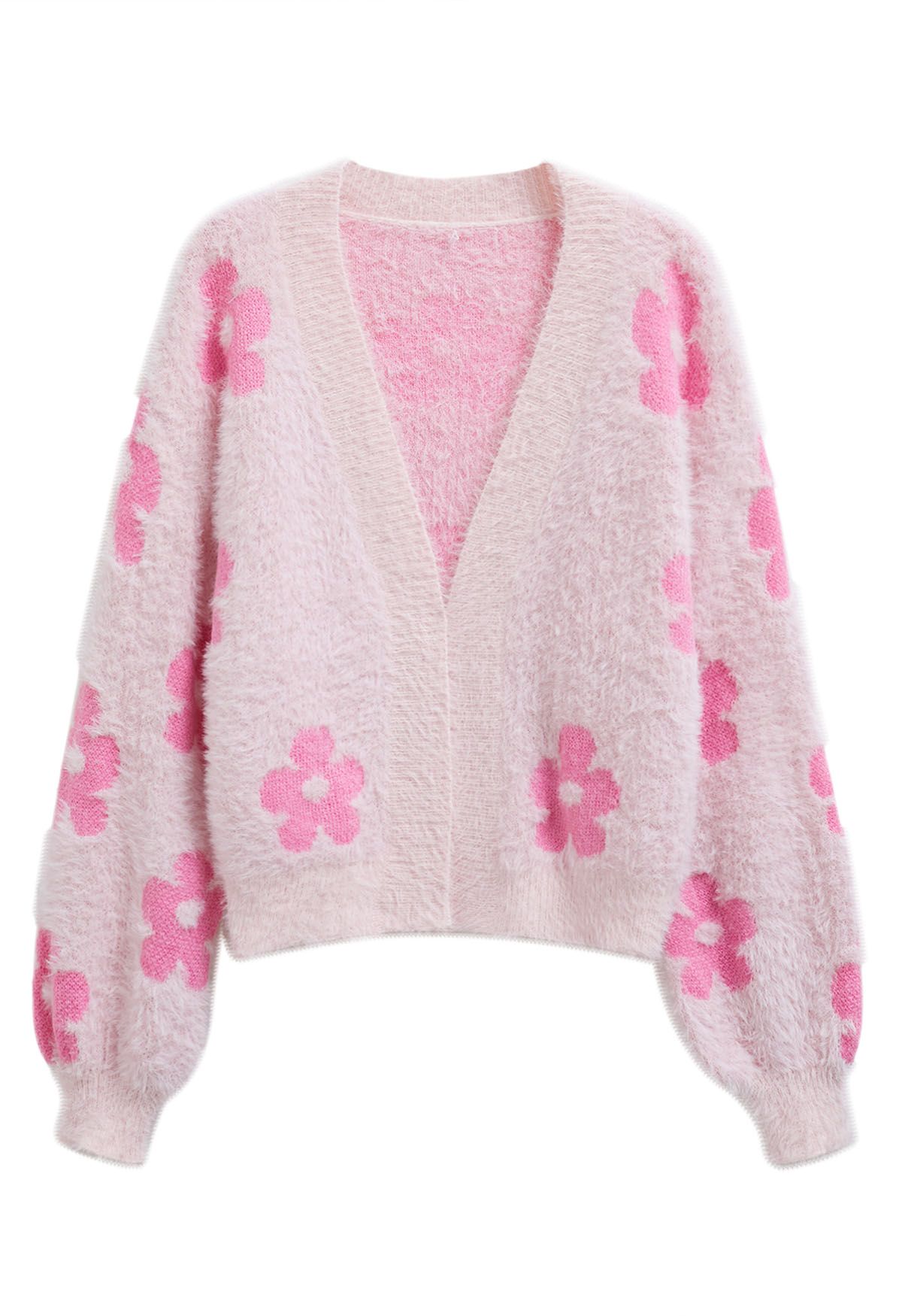 Cardigan en tricot pelucheux à fleurs mignonnes en rose