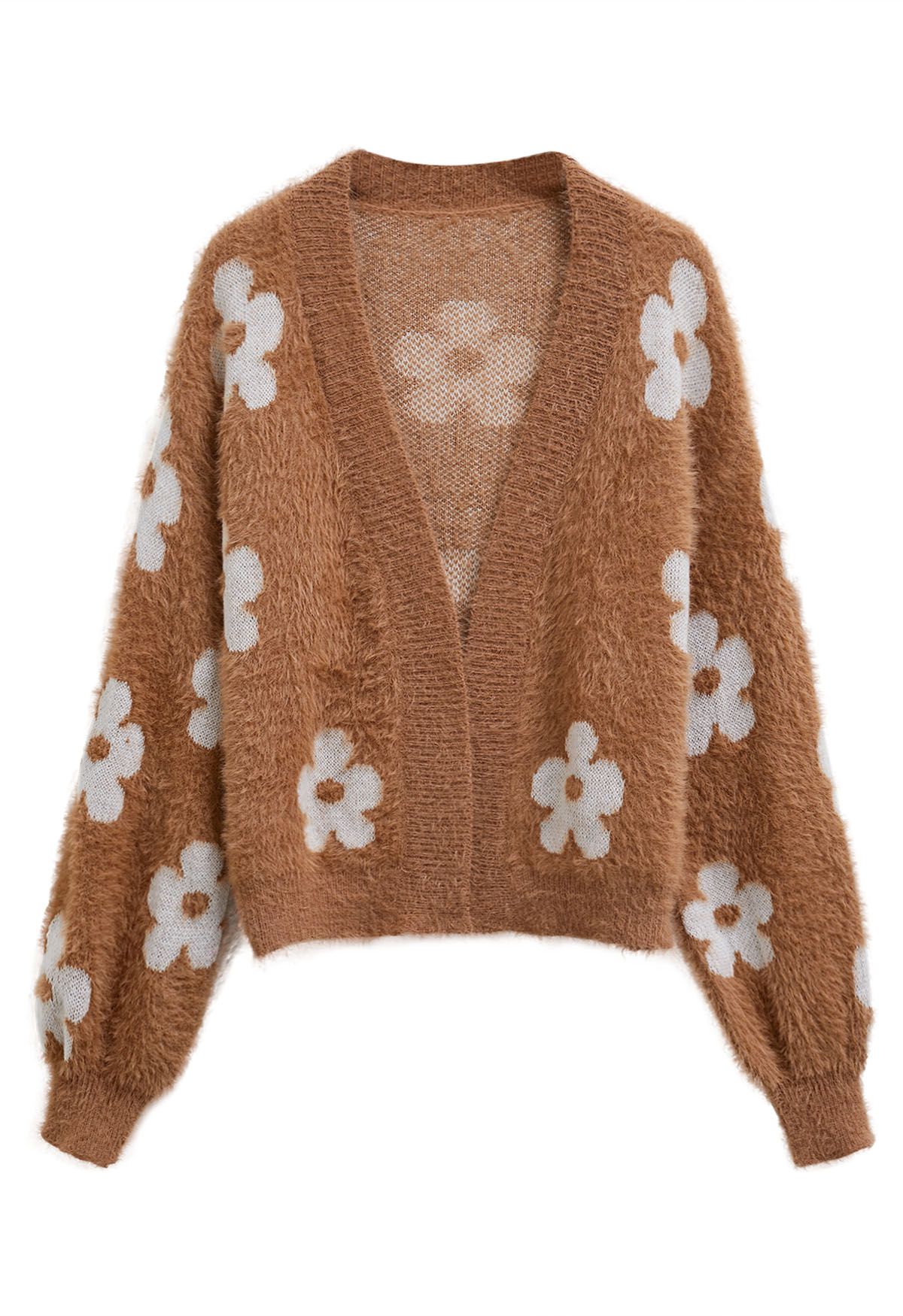 Cardigan en tricot duveteux à fleurs mignonnes en caramel