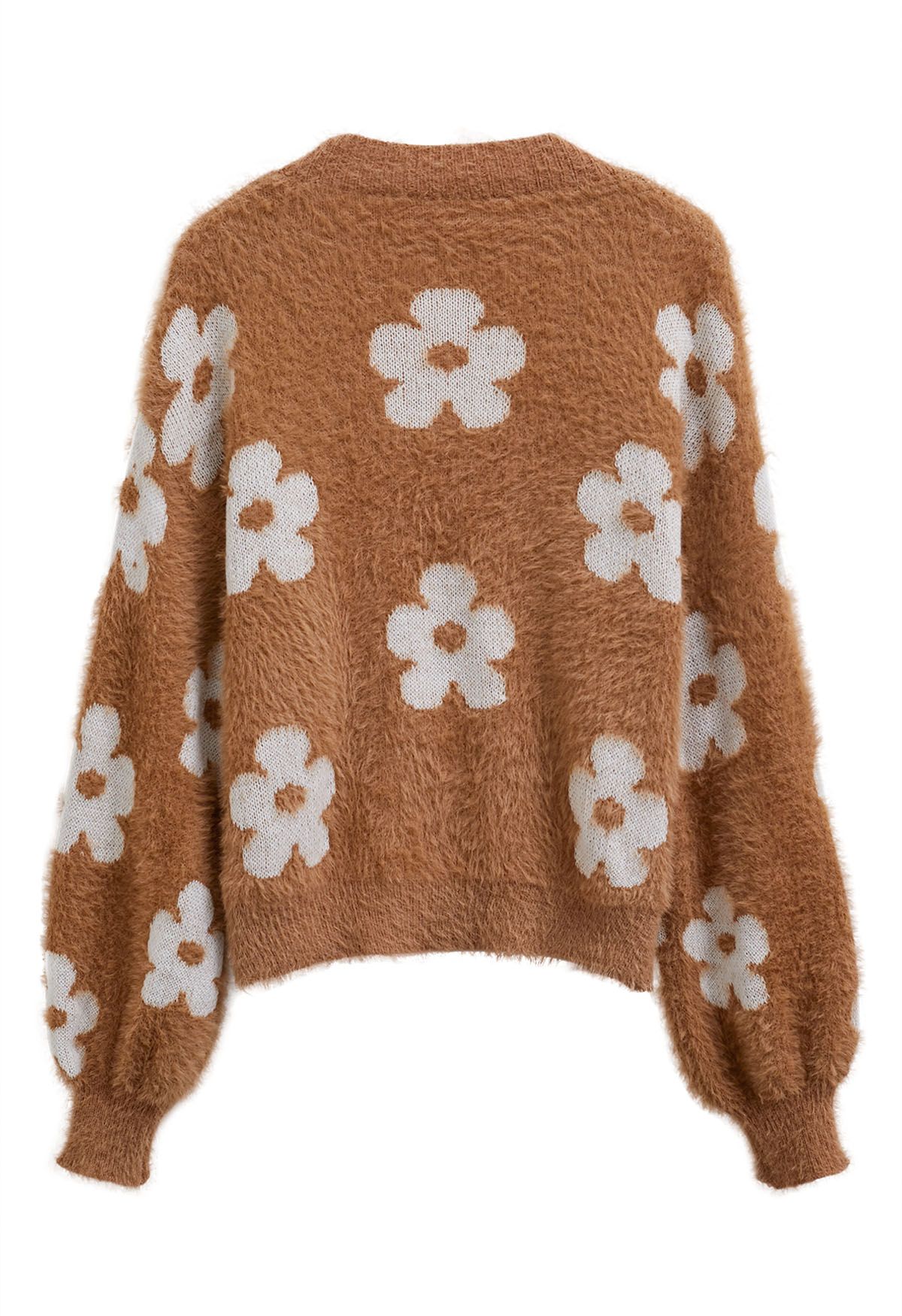 Cardigan en tricot duveteux à fleurs mignonnes en caramel