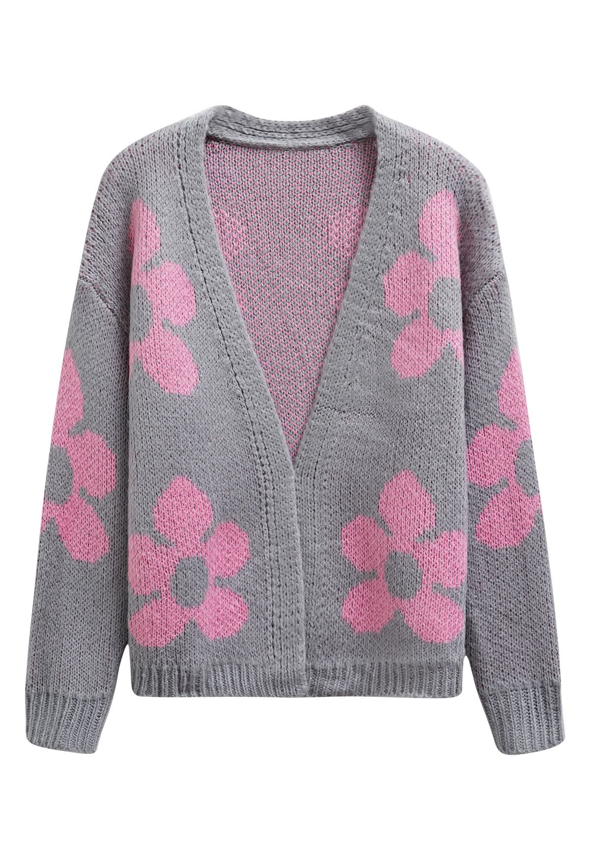 Grand cardigan ouvert en tricot à motif floral en gris