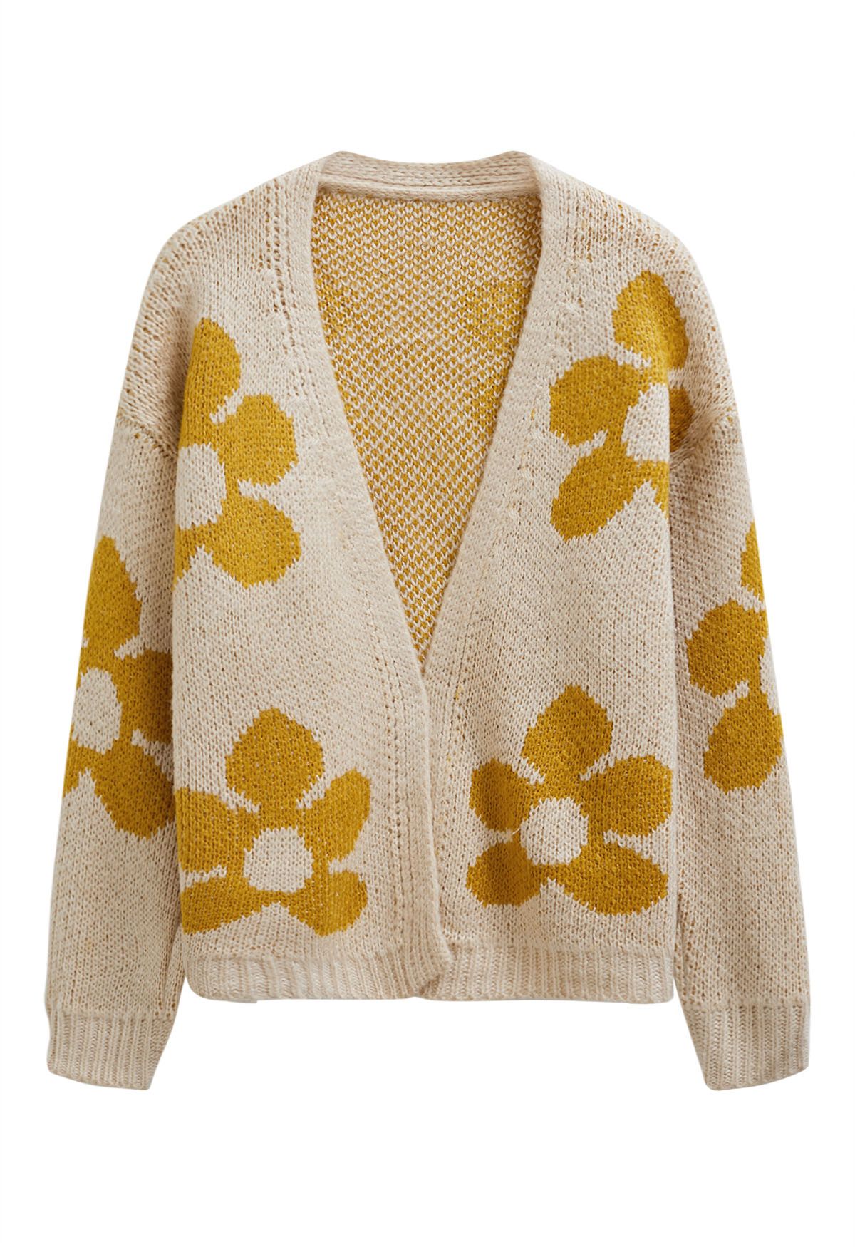 Grand cardigan ouvert en tricot à motif floral en jaune clair