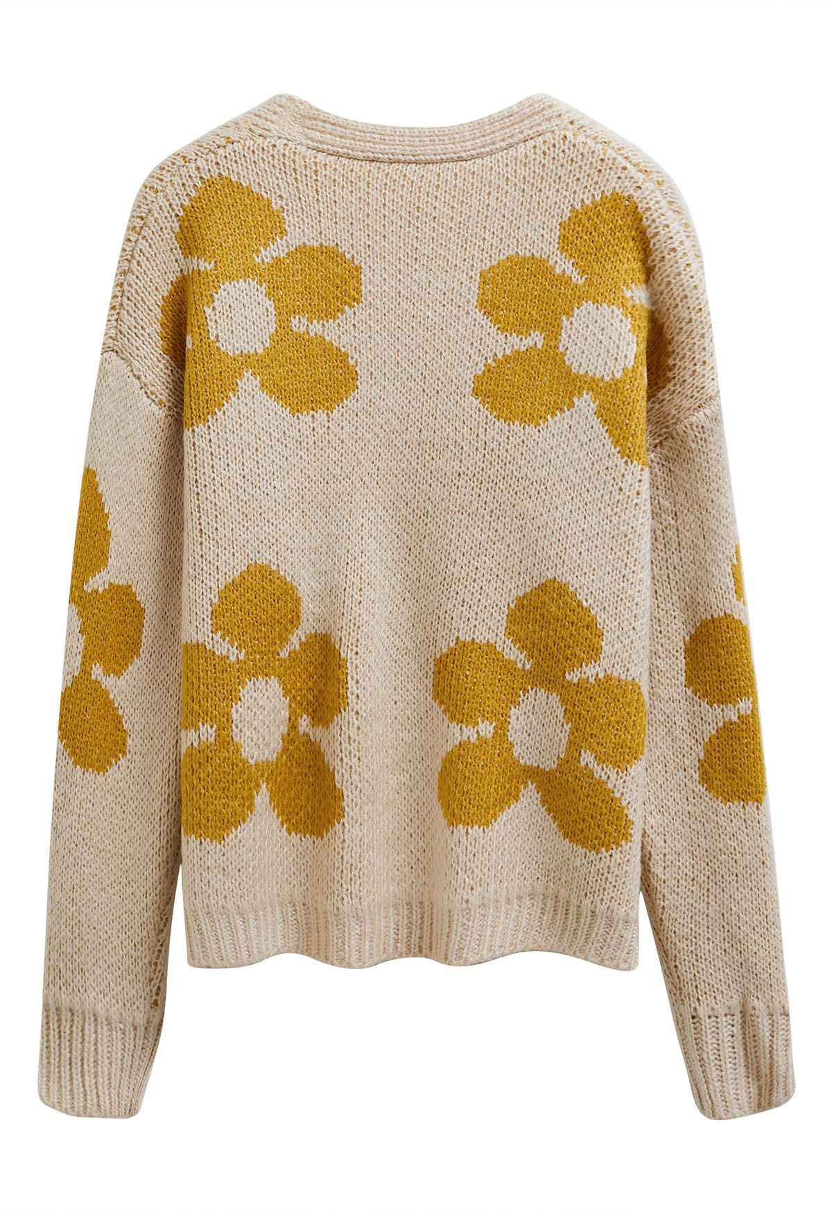 Grand cardigan ouvert en tricot à motif floral en jaune clair