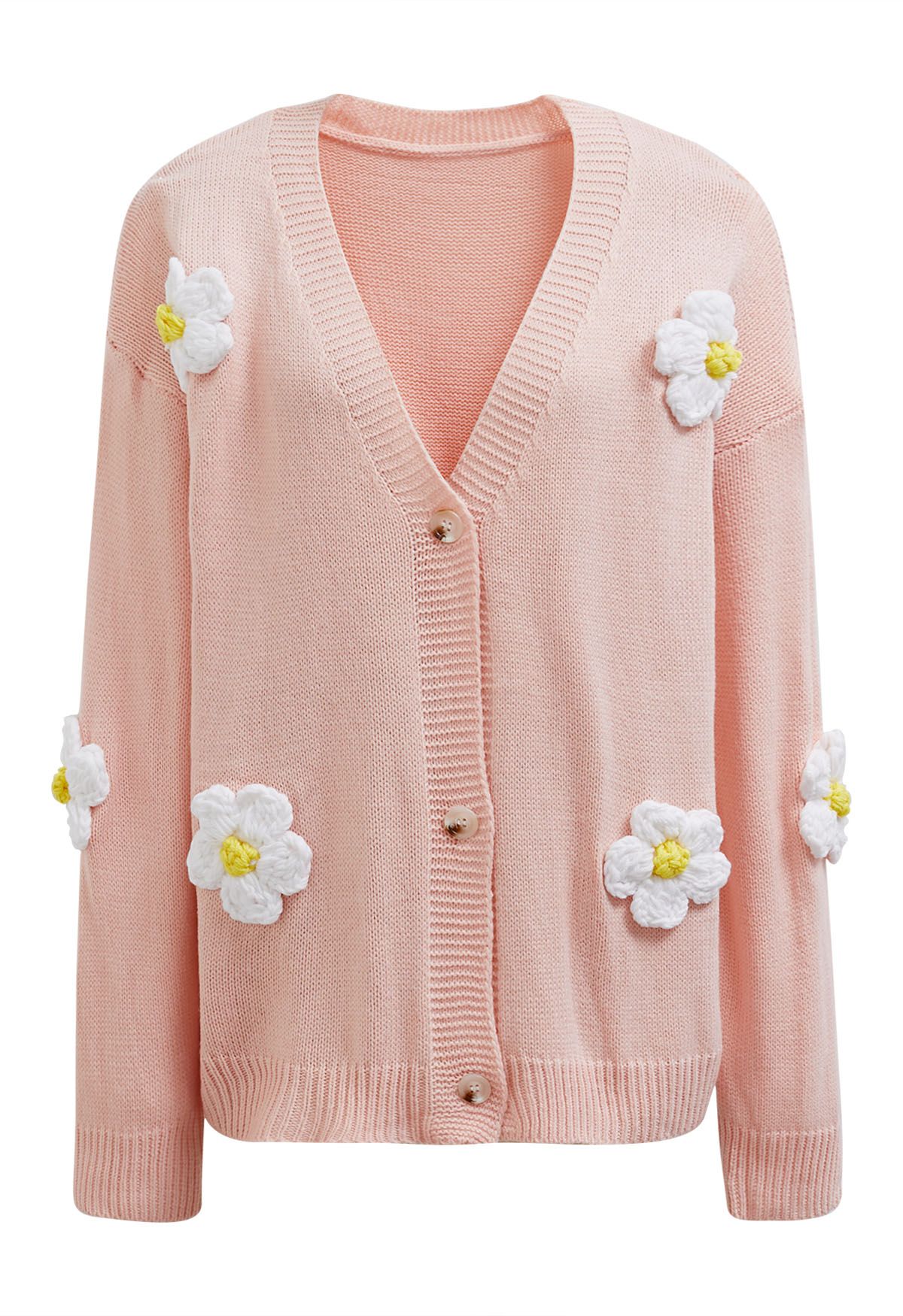 Joli cardigan boutonné en tricot à fleurs 3D en rose clair