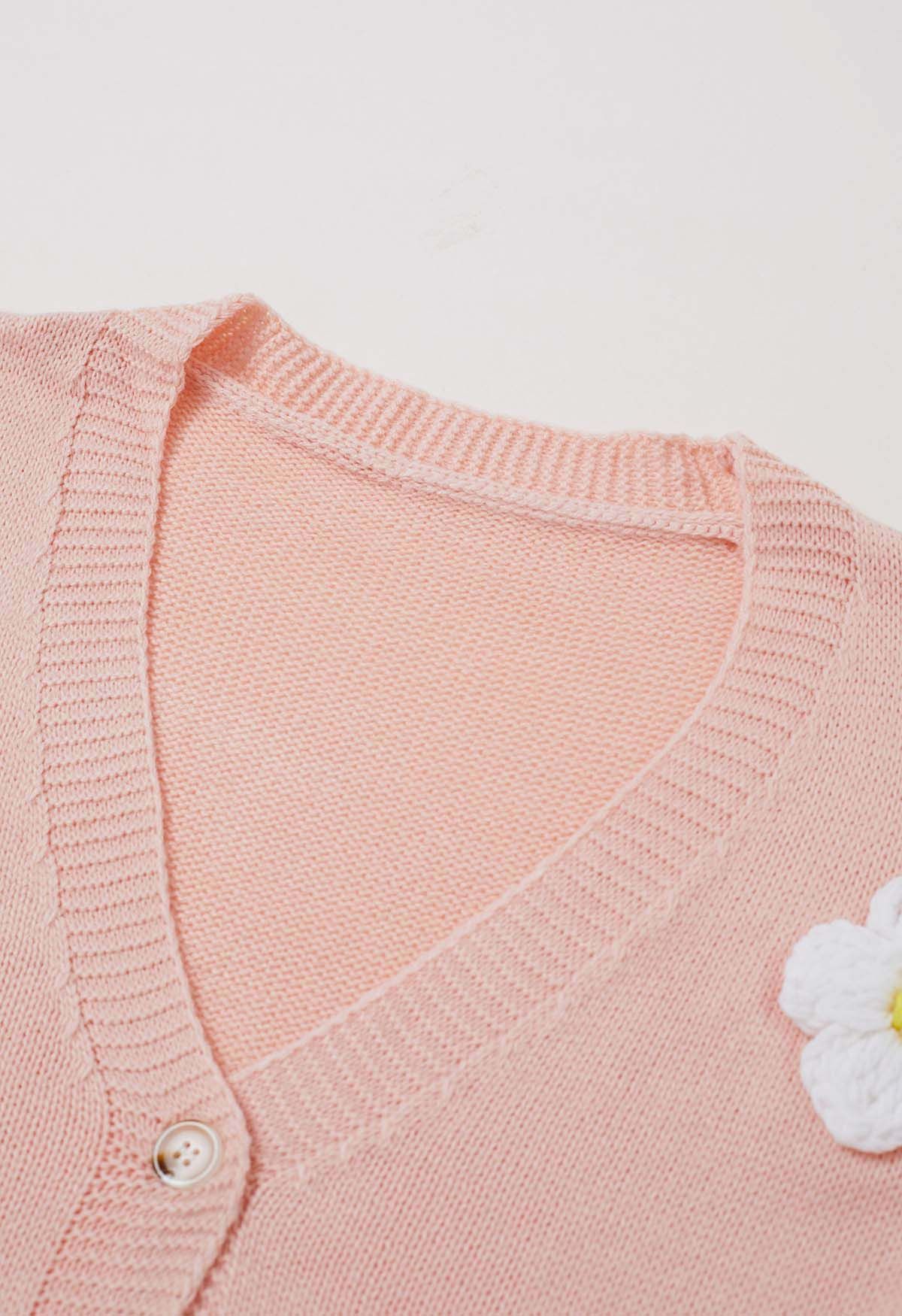 Joli cardigan boutonné en tricot à fleurs 3D en rose clair