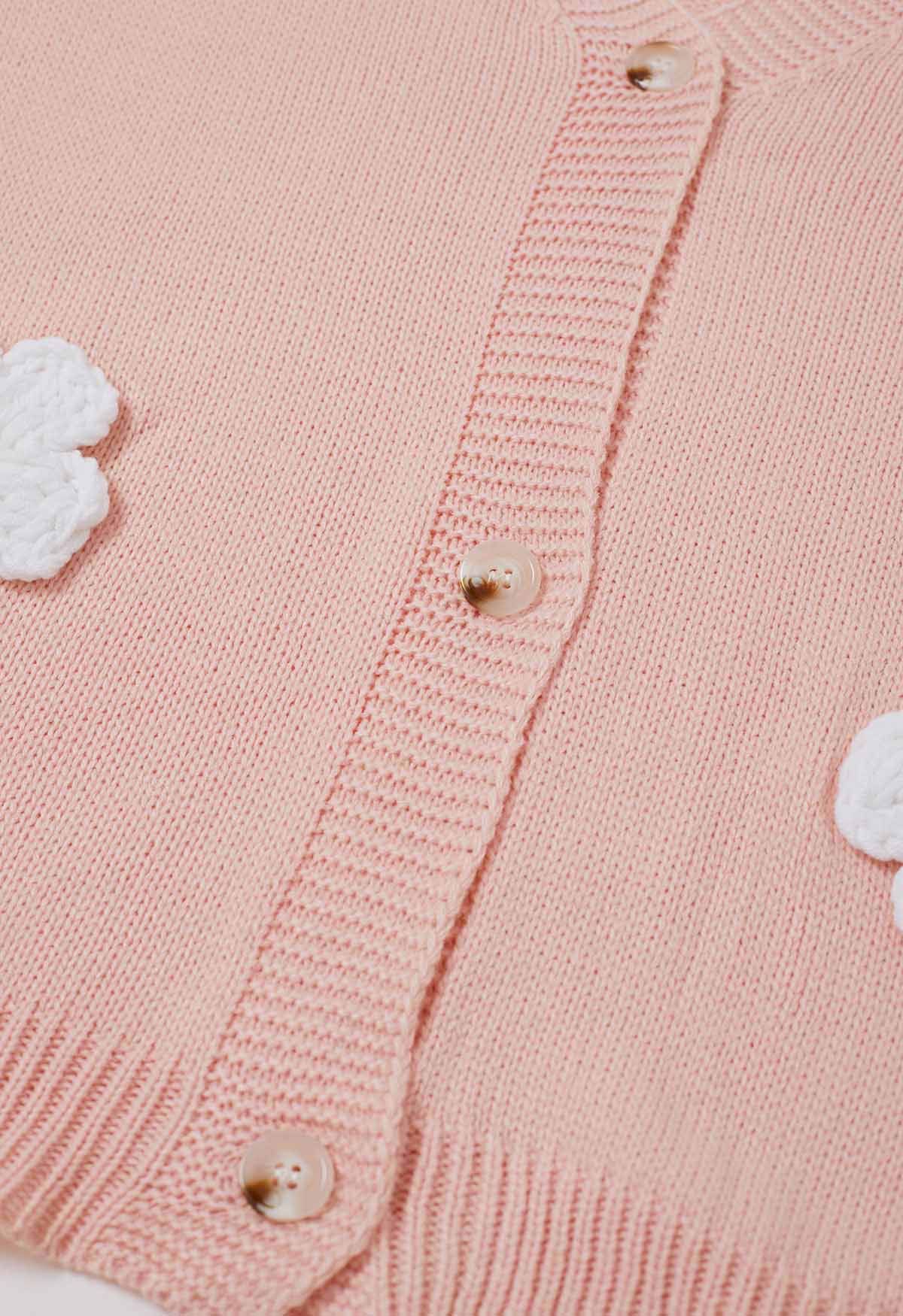 Joli cardigan boutonné en tricot à fleurs 3D en rose clair