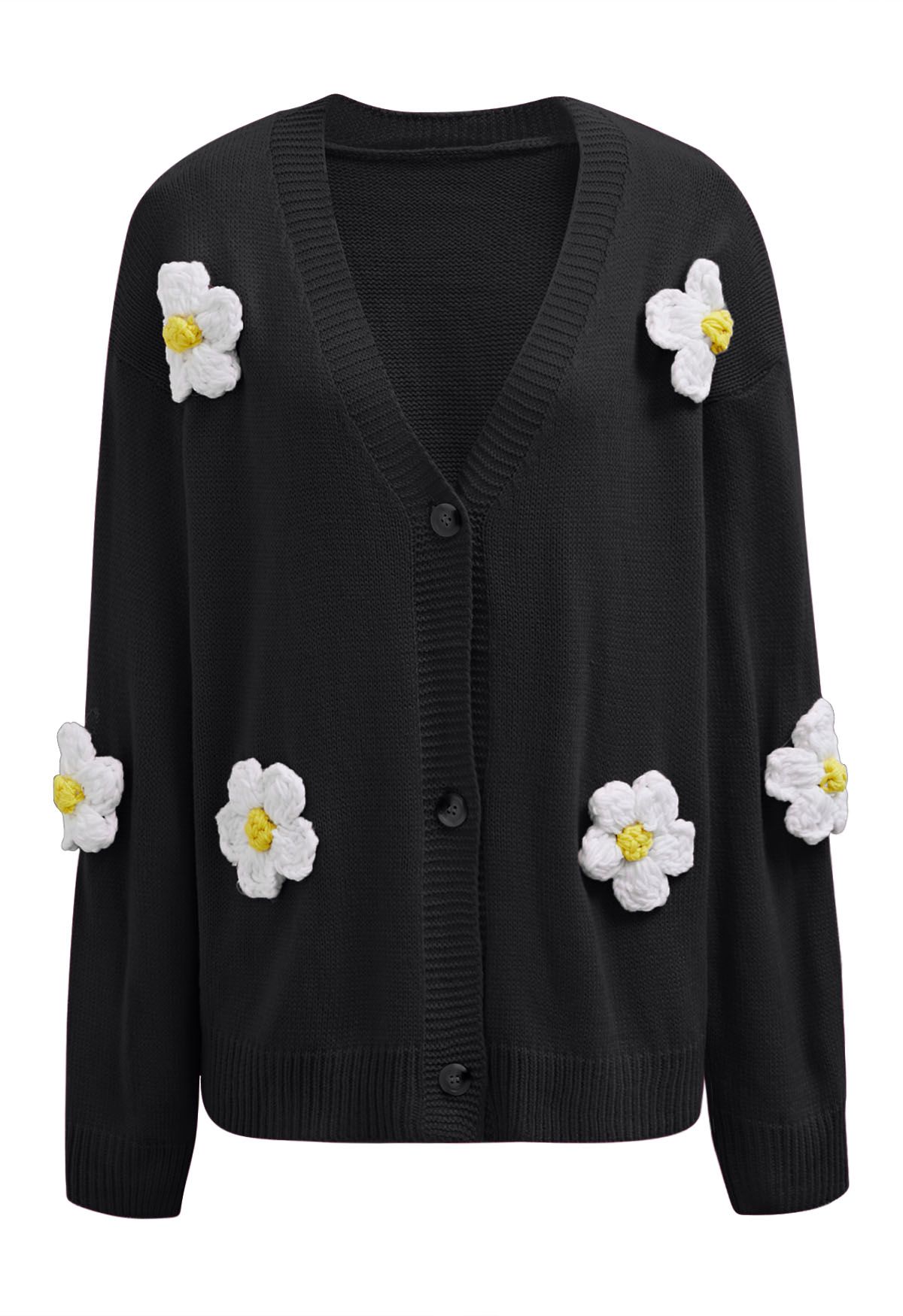 Joli cardigan boutonné en tricot à fleurs 3D en noir