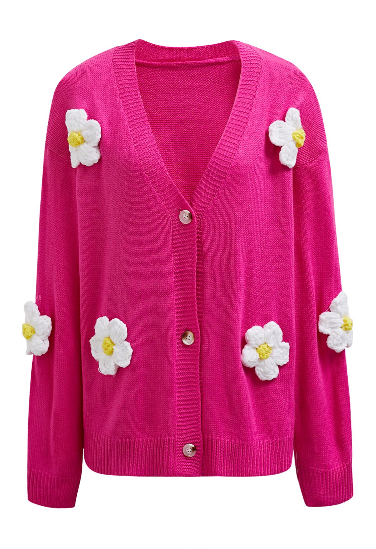 Joli cardigan boutonné en tricot à fleurs 3D en magenta