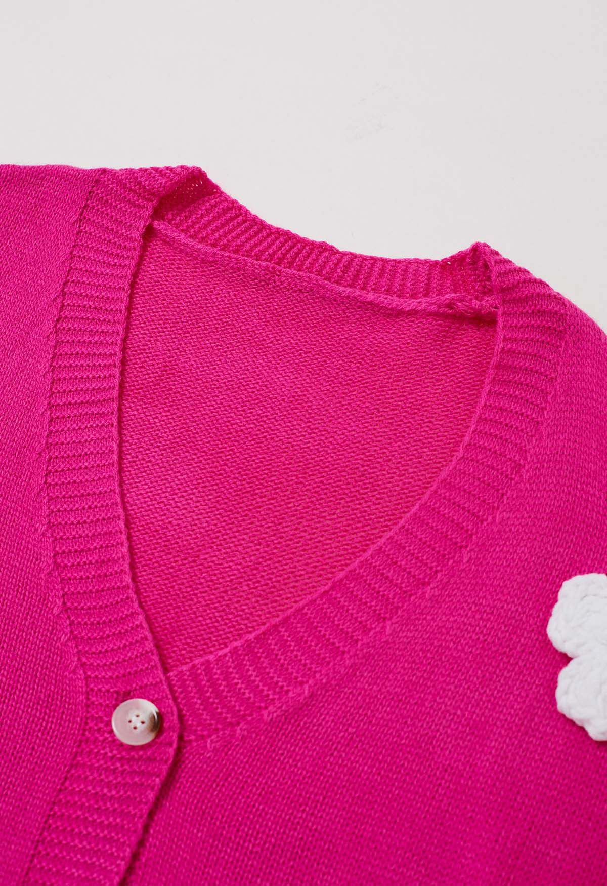 Joli cardigan boutonné en tricot à fleurs 3D en magenta