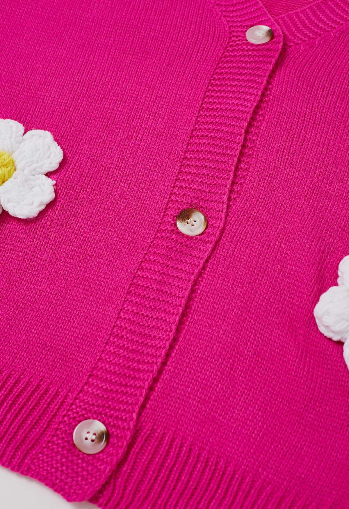 Joli cardigan boutonné en tricot à fleurs 3D en magenta