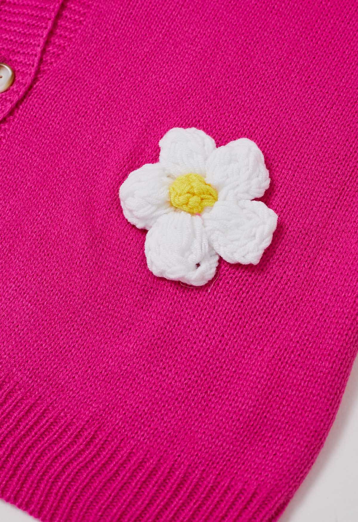 Joli cardigan boutonné en tricot à fleurs 3D en magenta