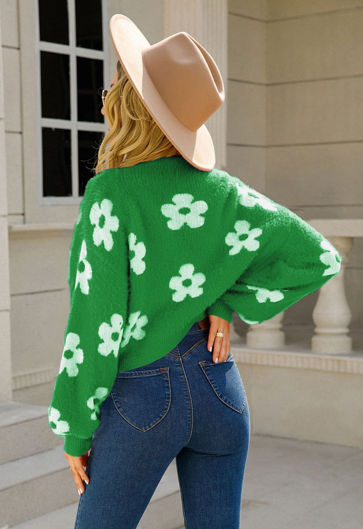 Cardigan en tricot pelucheux à fleurs mignonnes en vert