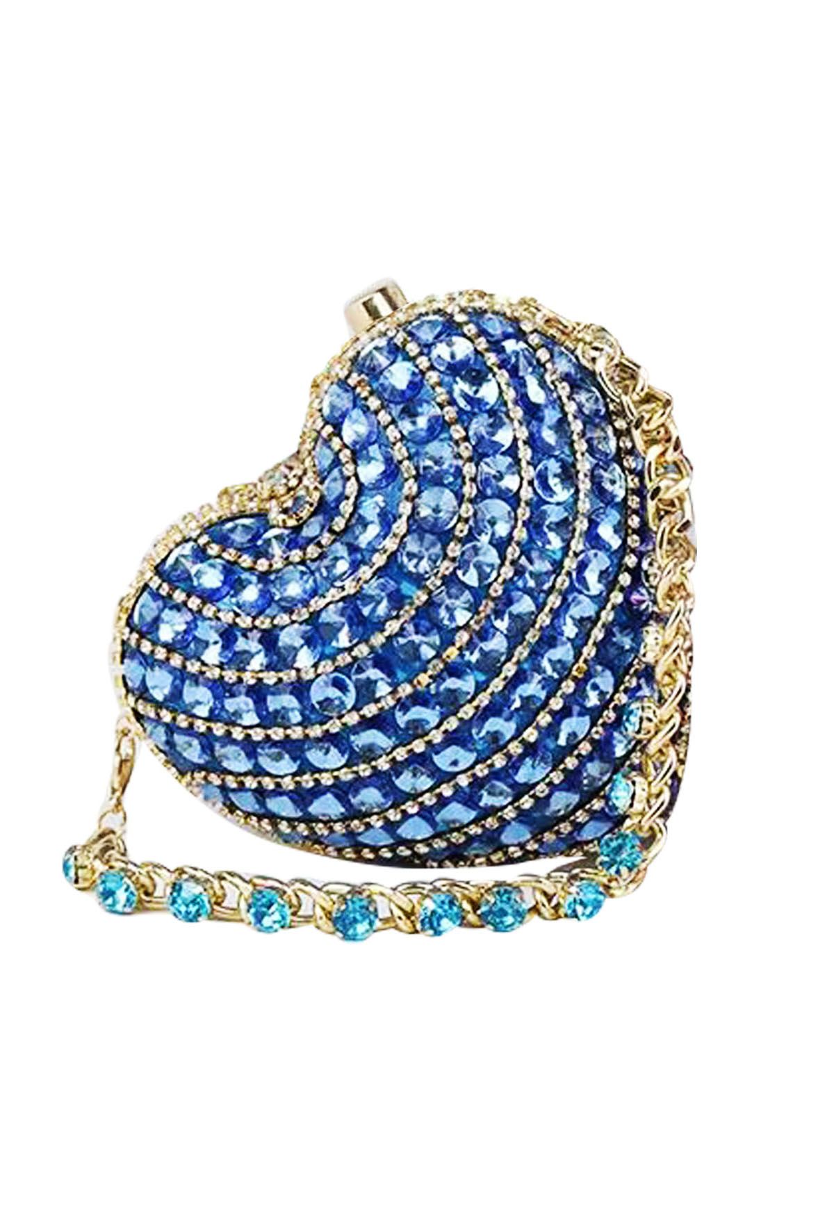 Mini sac bandoulière en forme de cœur avec strass en bleu