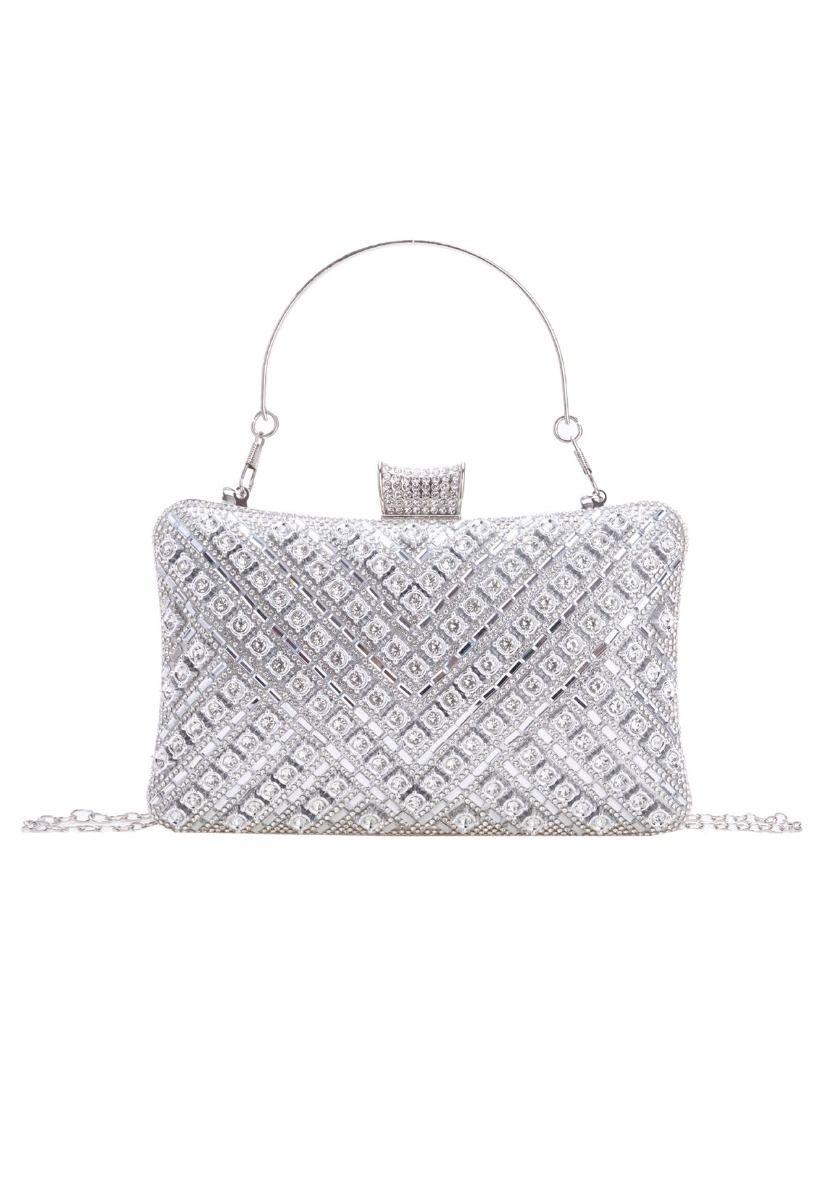 Pochette fantaisie avec superposition de strass en argent