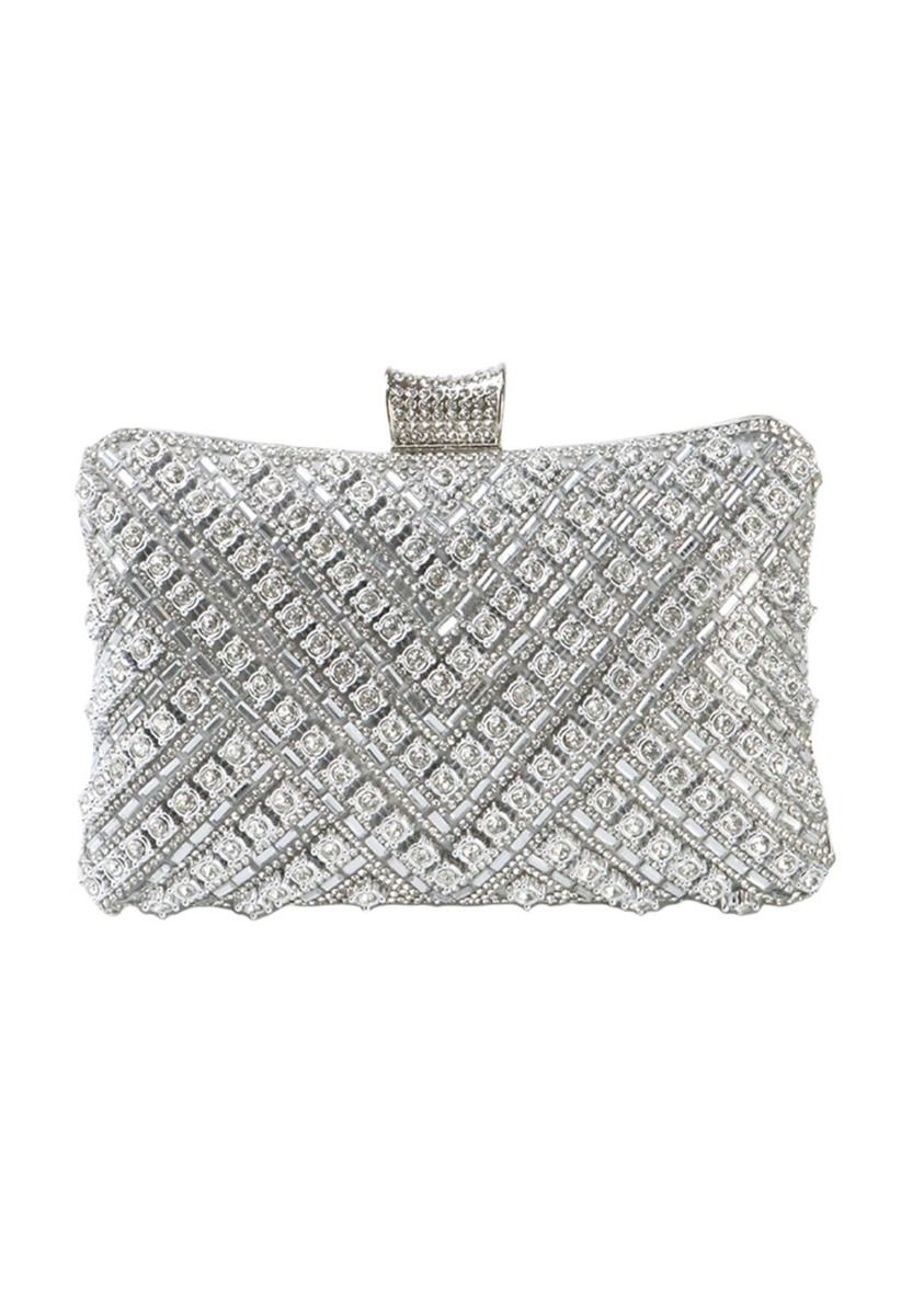 Pochette fantaisie avec superposition de strass en argent