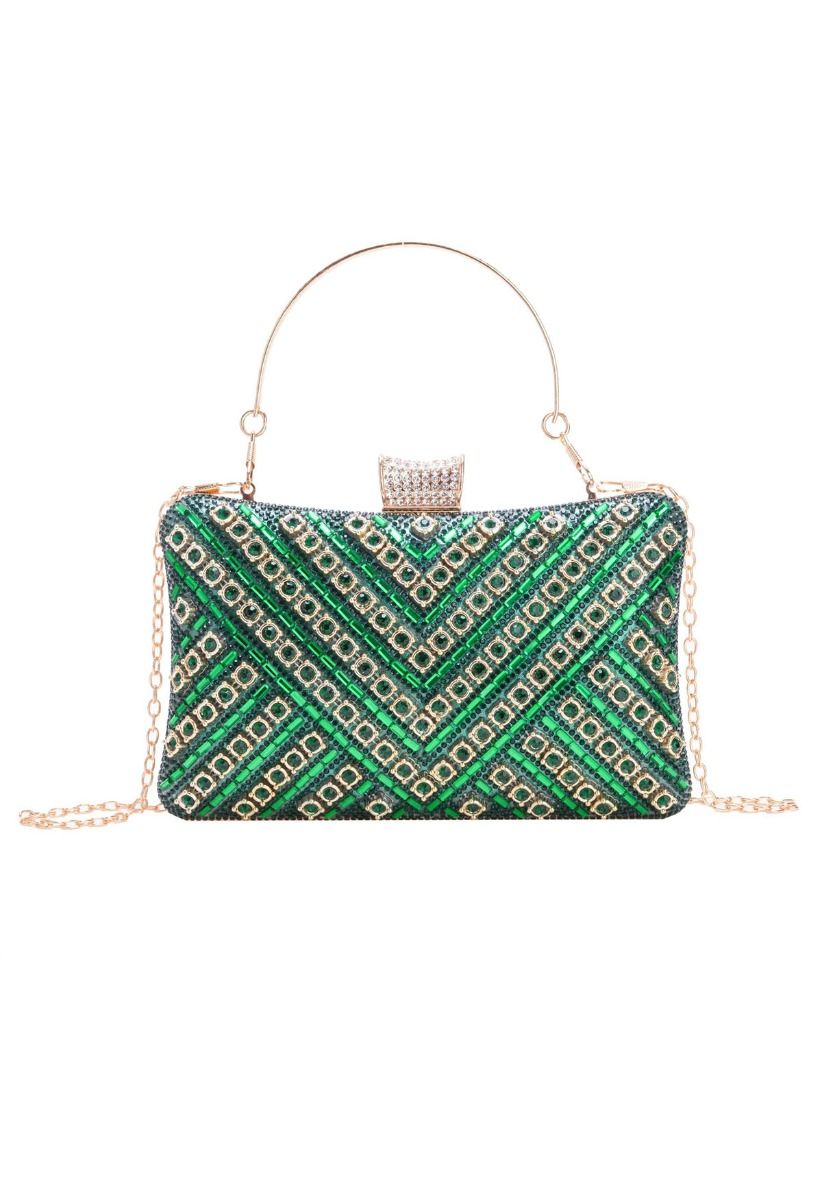 Pochette fantaisie avec superposition de strass en vert