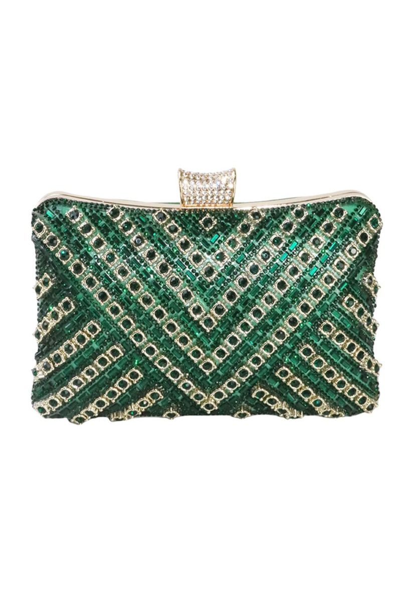 Pochette fantaisie avec superposition de strass en vert