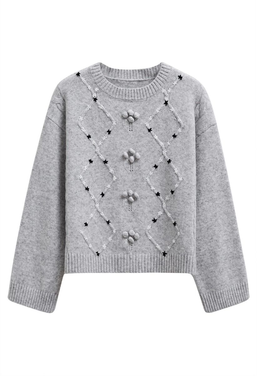 Pull en maille côtelée à pompons et à motifs floraux en gris