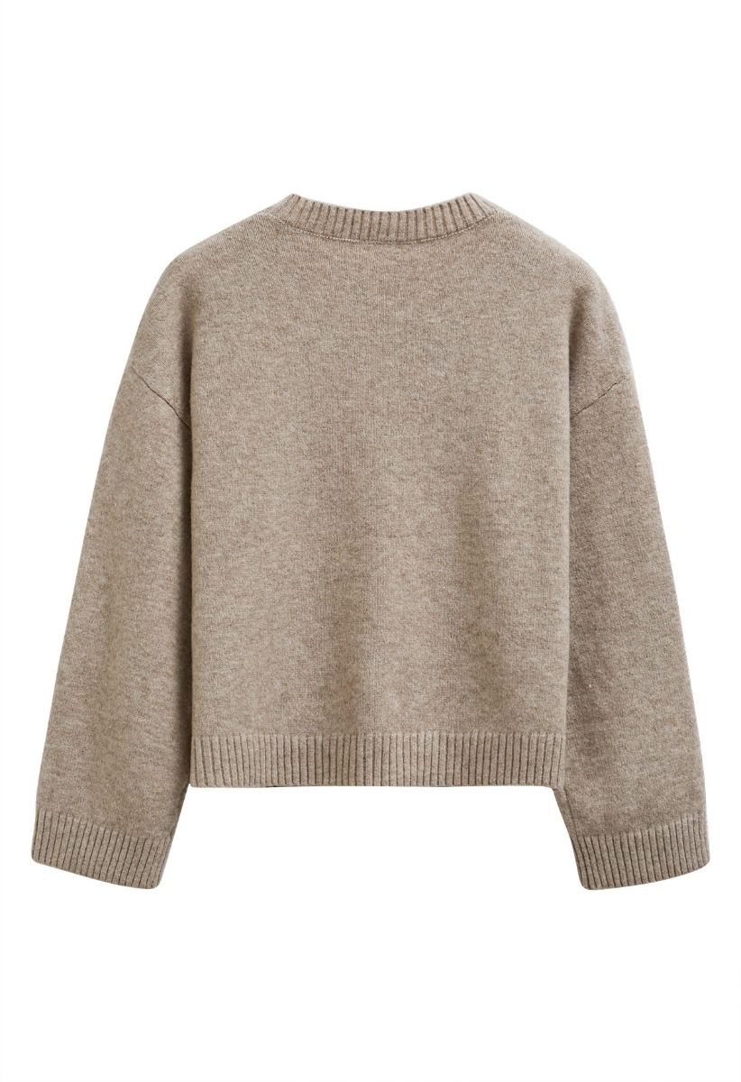 Pull côtelé à pompons et à motifs floraux en losanges taupe