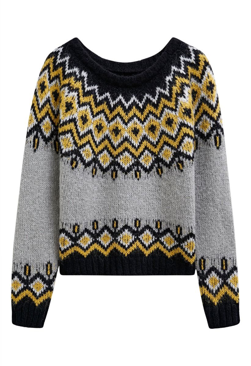 Pull en tricot Fair Isle Nordic Charm en gris