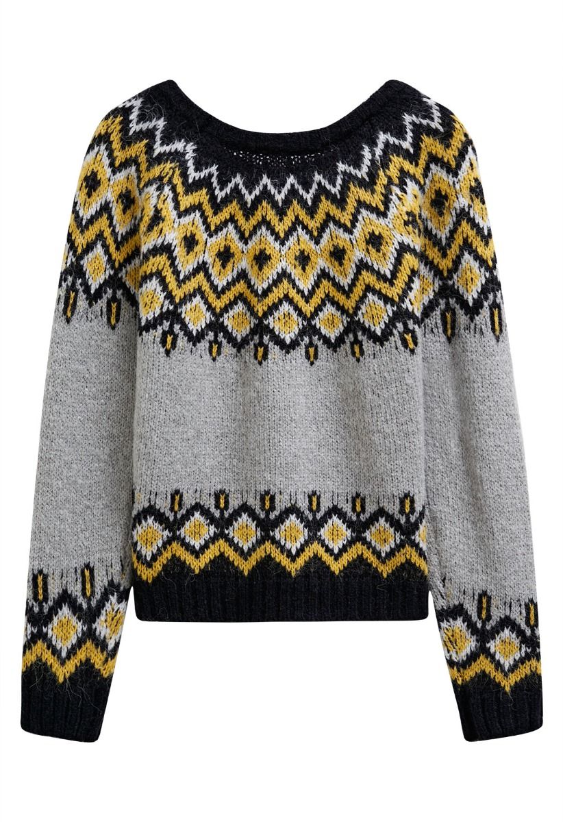 Pull en tricot Fair Isle Nordic Charm en gris